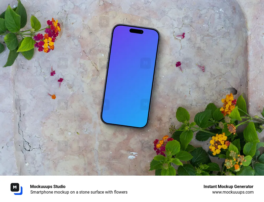 Smartphone mockup on a stone surface with flowers