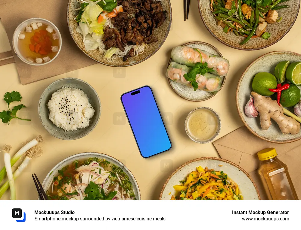Smartphone mockup surrounded by vietnamese cuisine meals