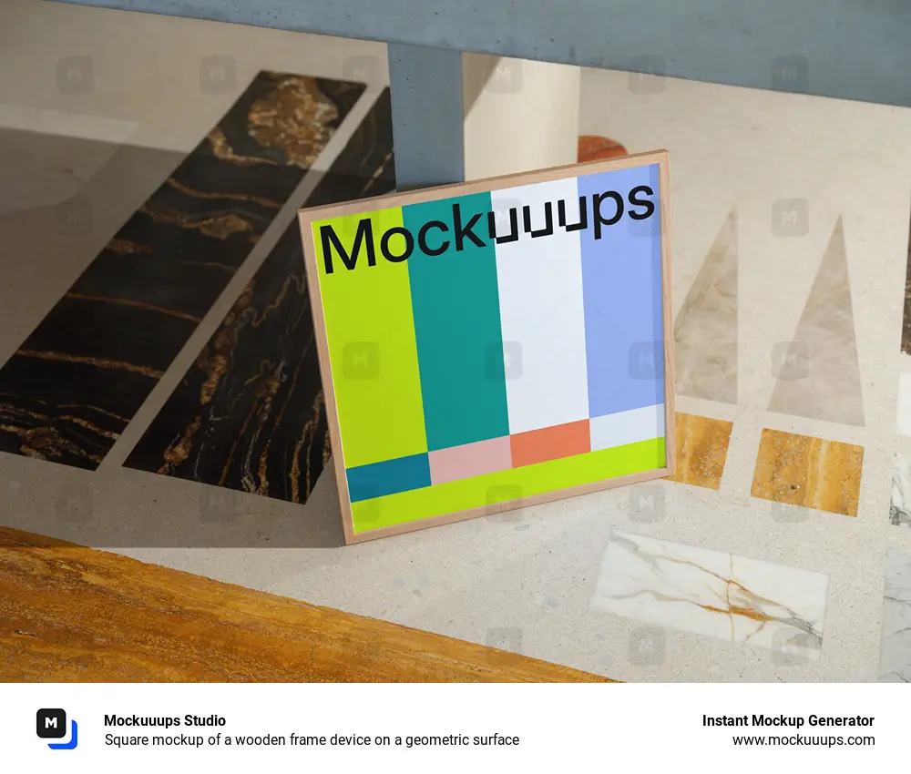 Square mockup of a wooden frame device on a geometric surface