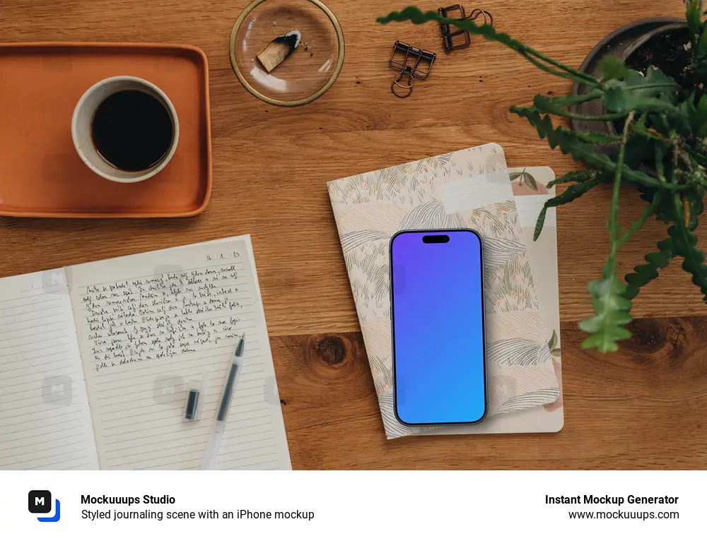 Styled journaling scene with an iPhone mockup
