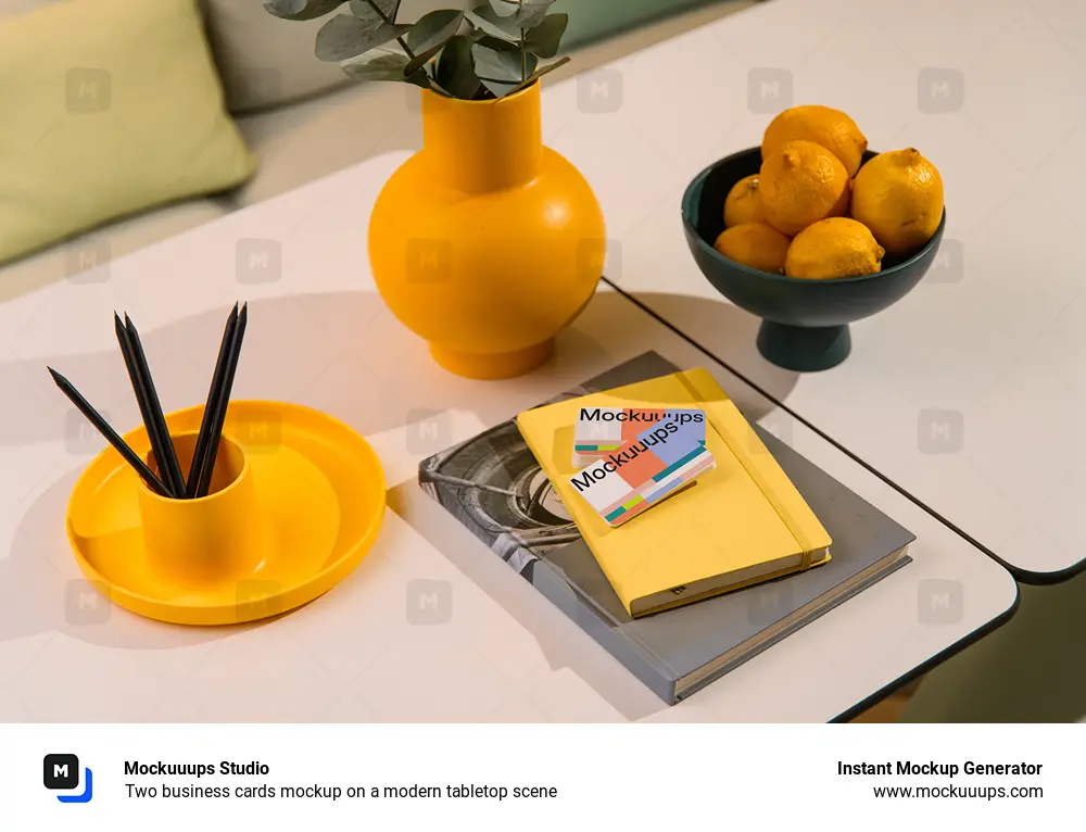 Two business cards mockup on a modern tabletop scene