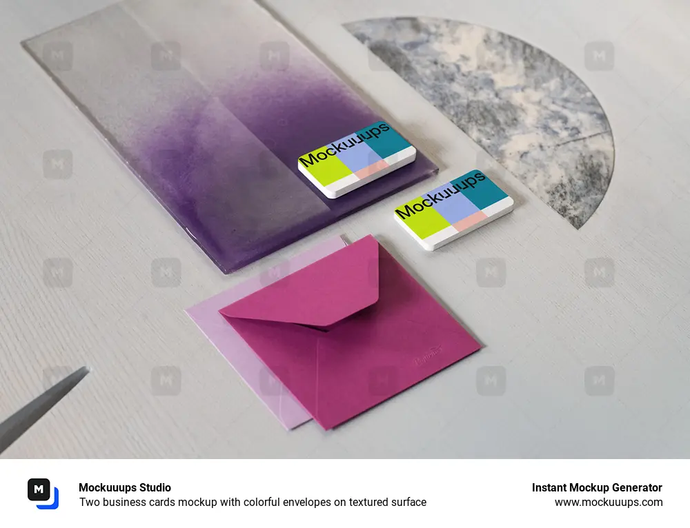 Two business cards mockup with colorful envelopes on textured surface