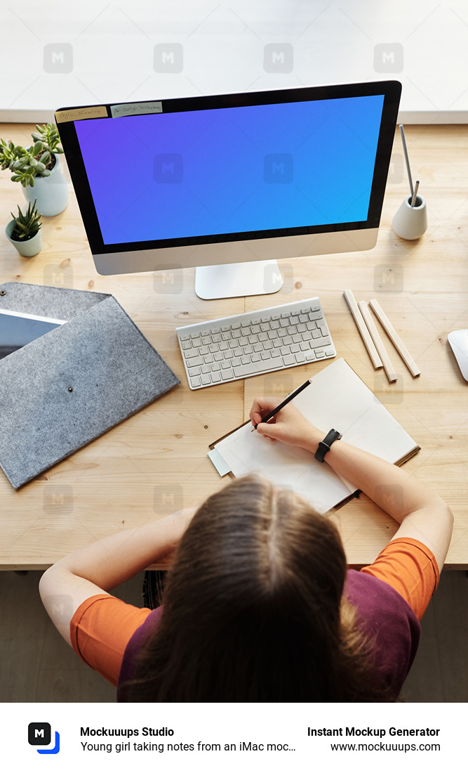 Young girl taking notes from an iMac mockup