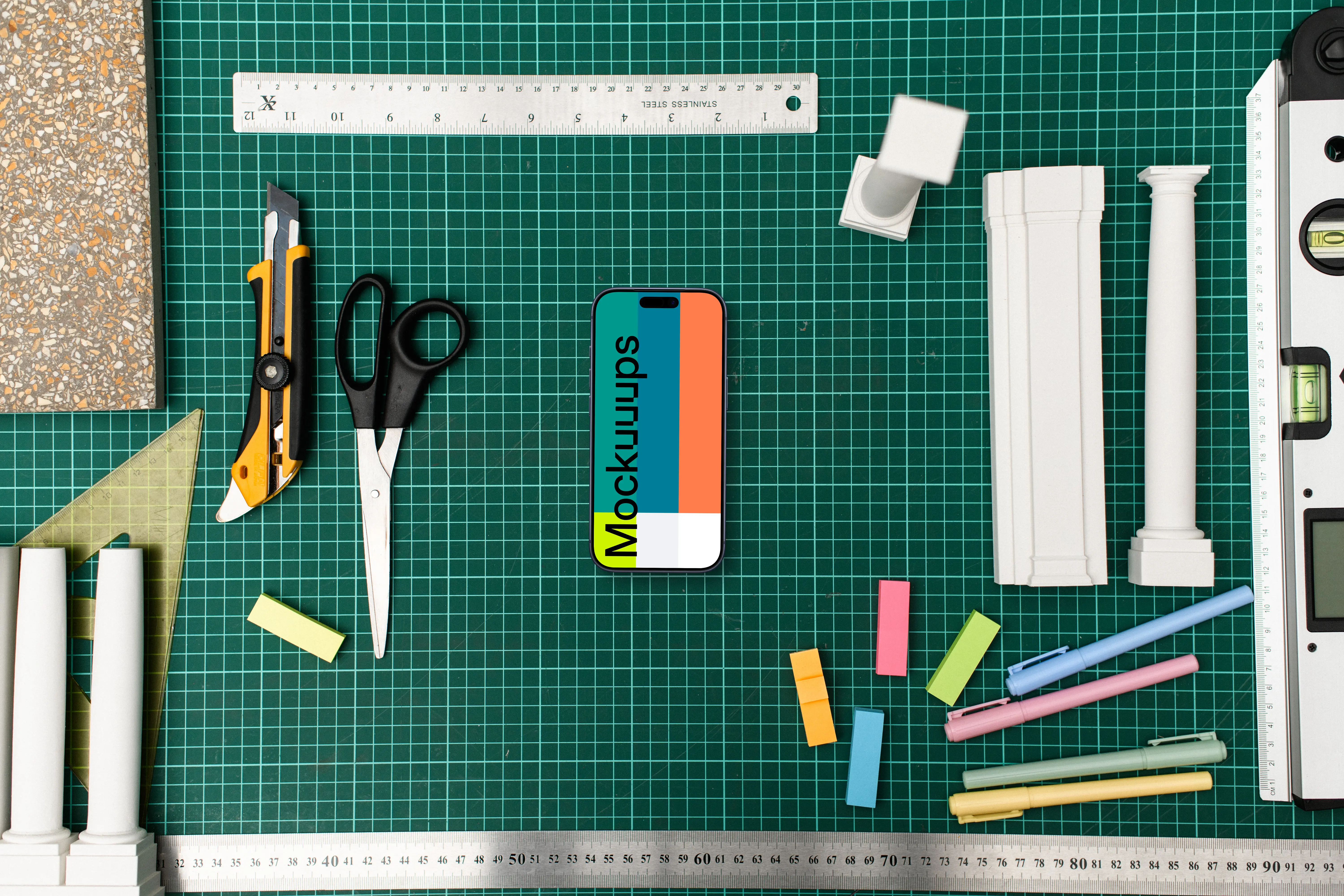 Architect's smartphone mockup on drafting table