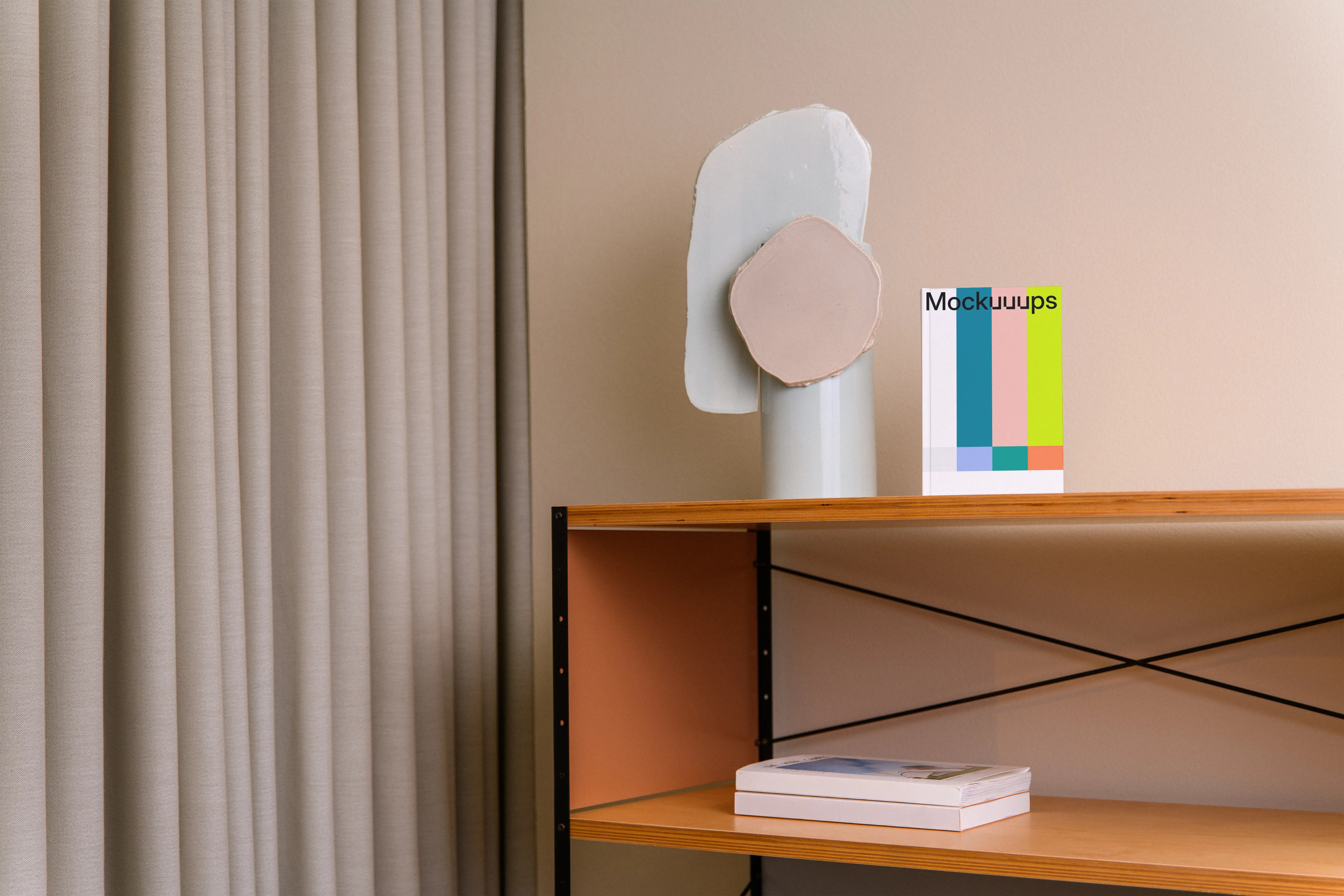 B-format book mockup on a modern wooden shelf
