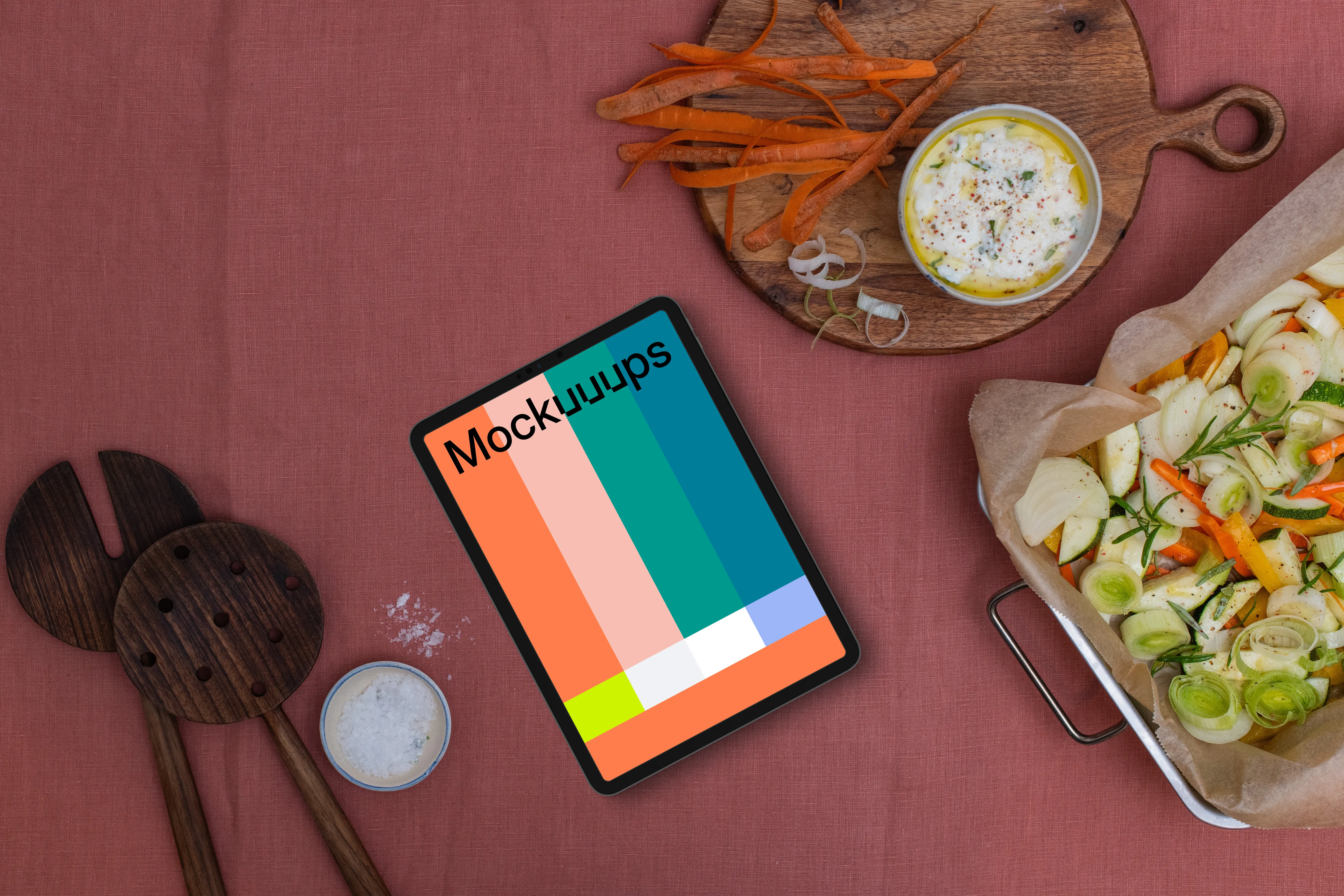 Baking pan next to the tablet mockup