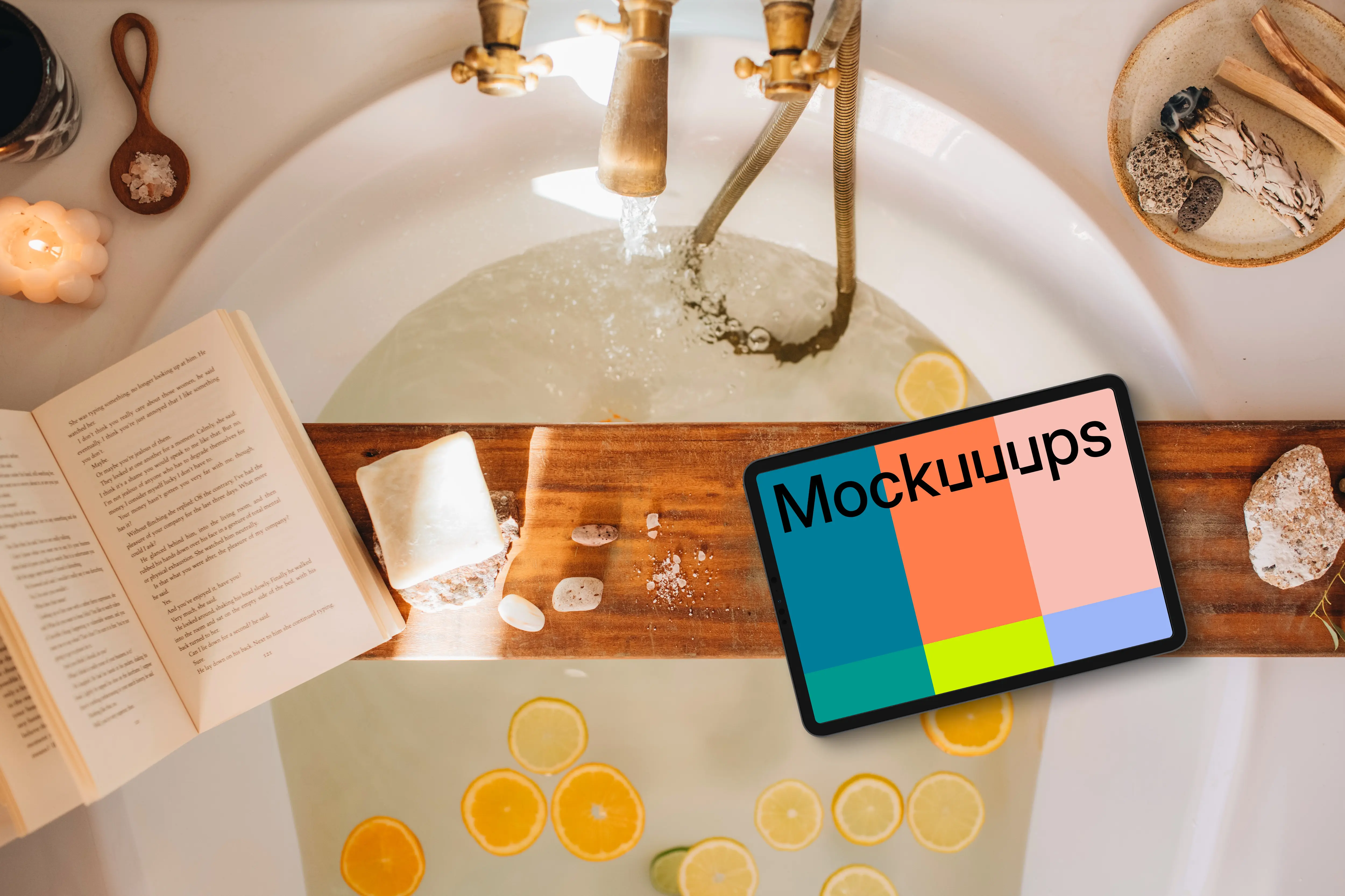 Bathtub relaxation scene with an iPad mockup