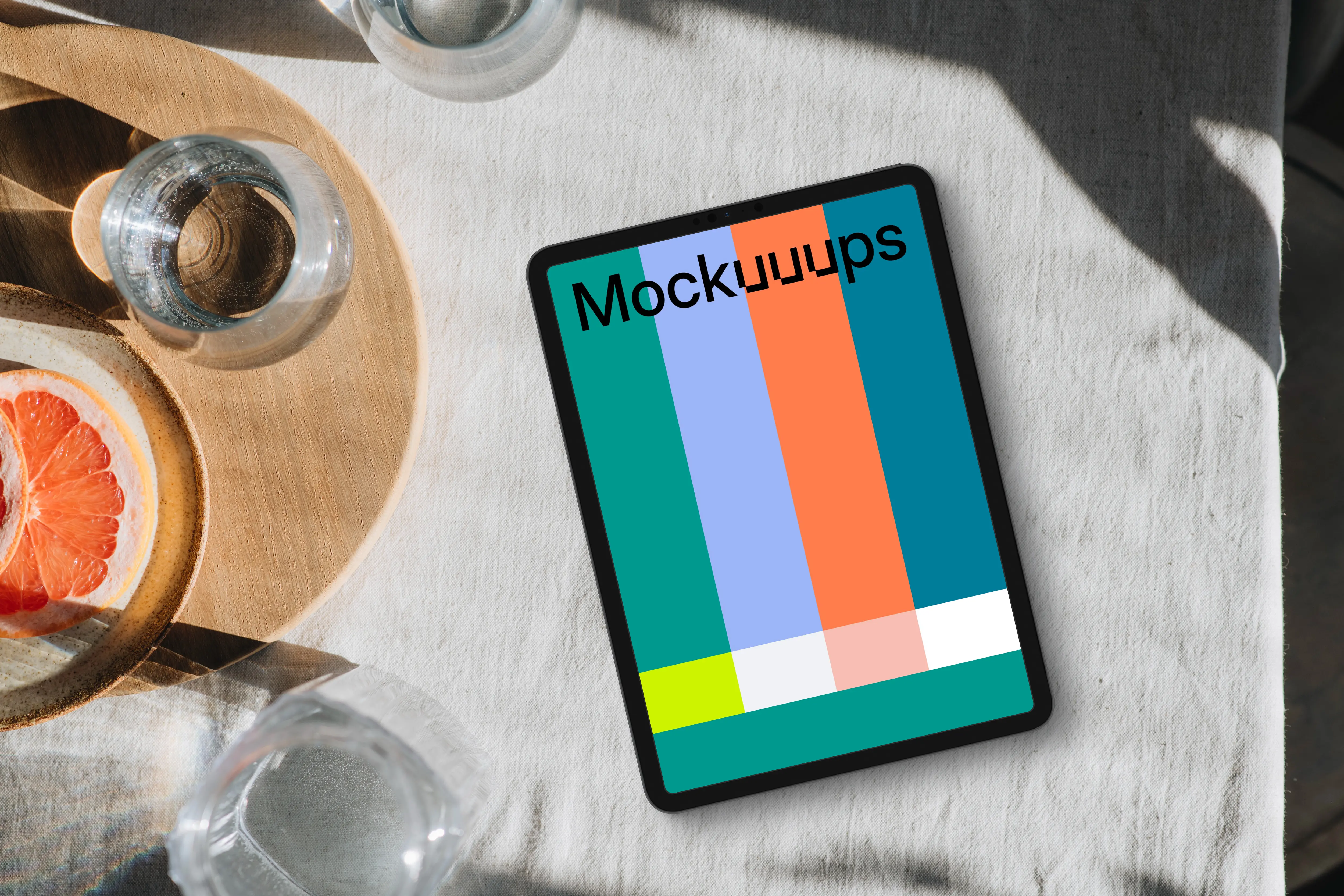 Breakfast tray in a sunny corner with an iPad mockup