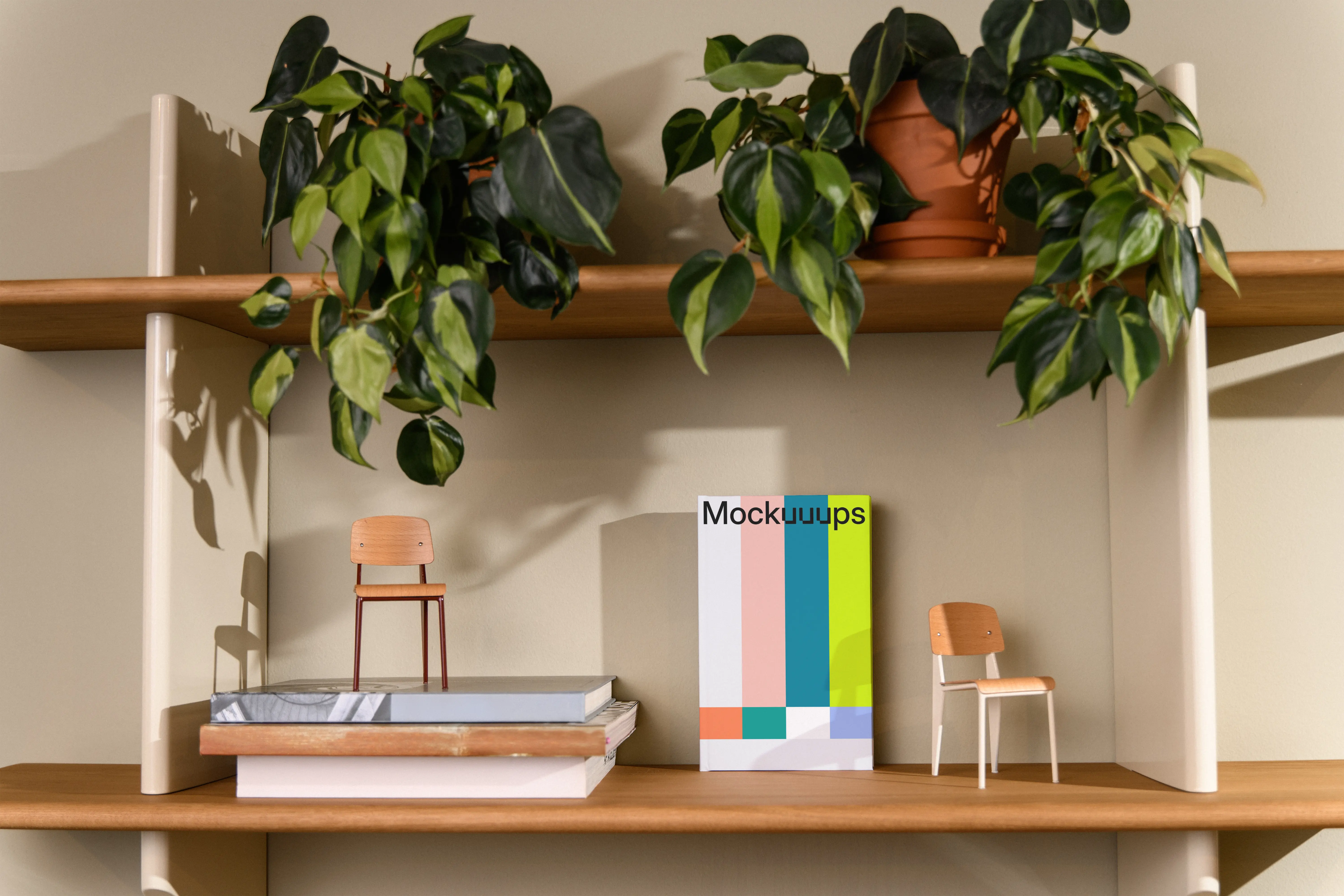 C-format book mockup on a wooden shelf with decor