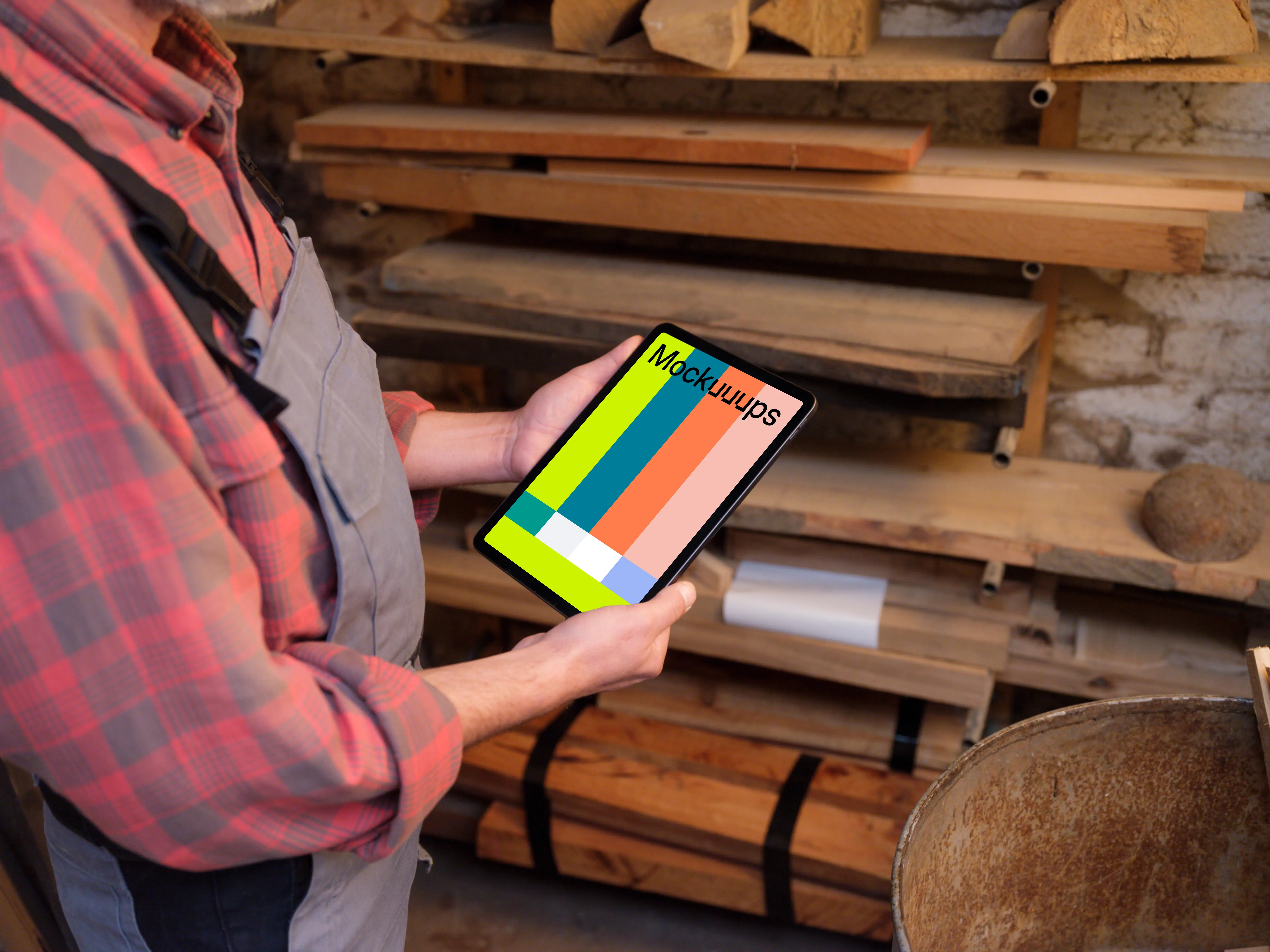 Carpenter holding an iPad mockup