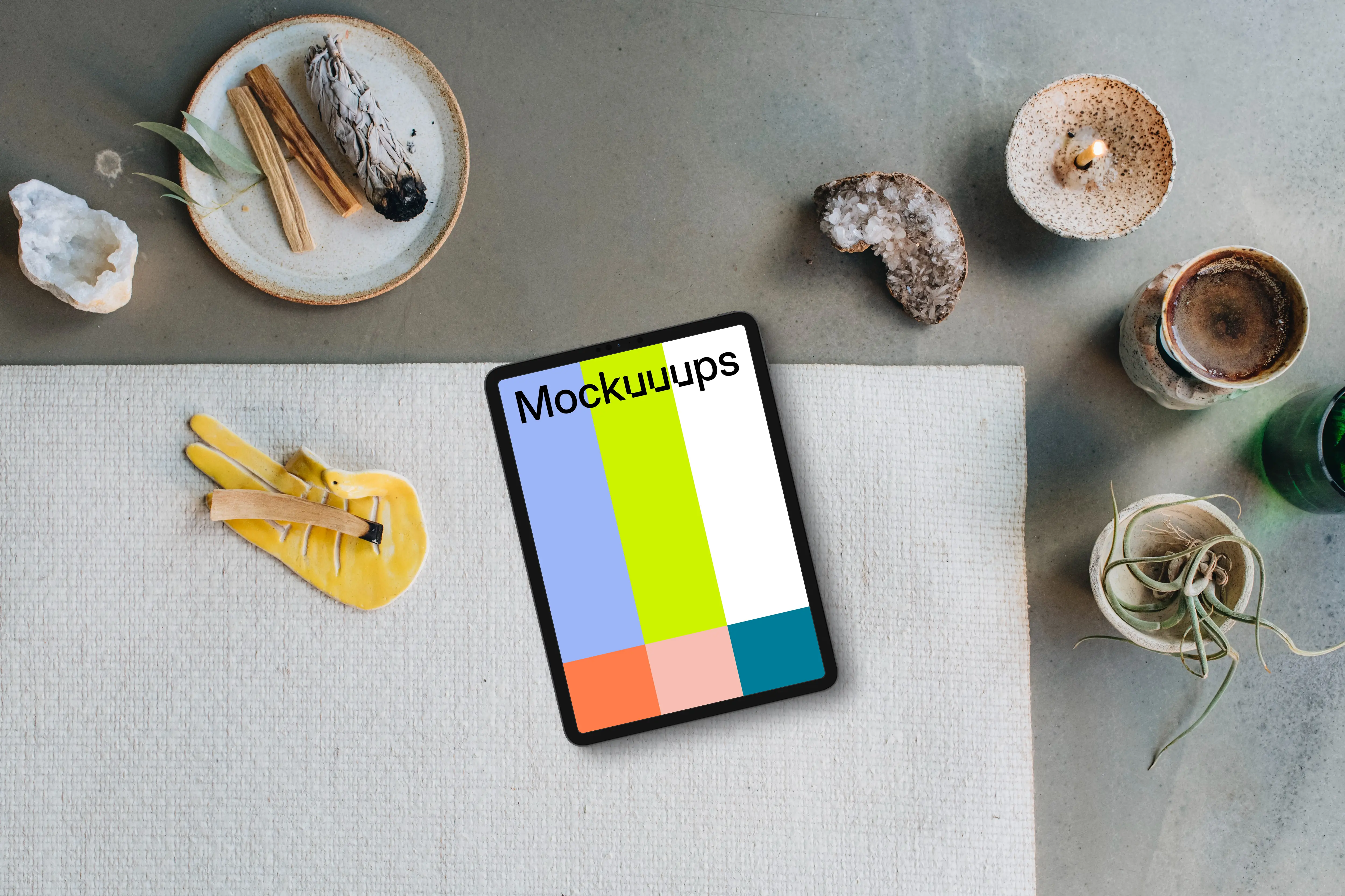 Comfortable lounging scene with an iPad mockup