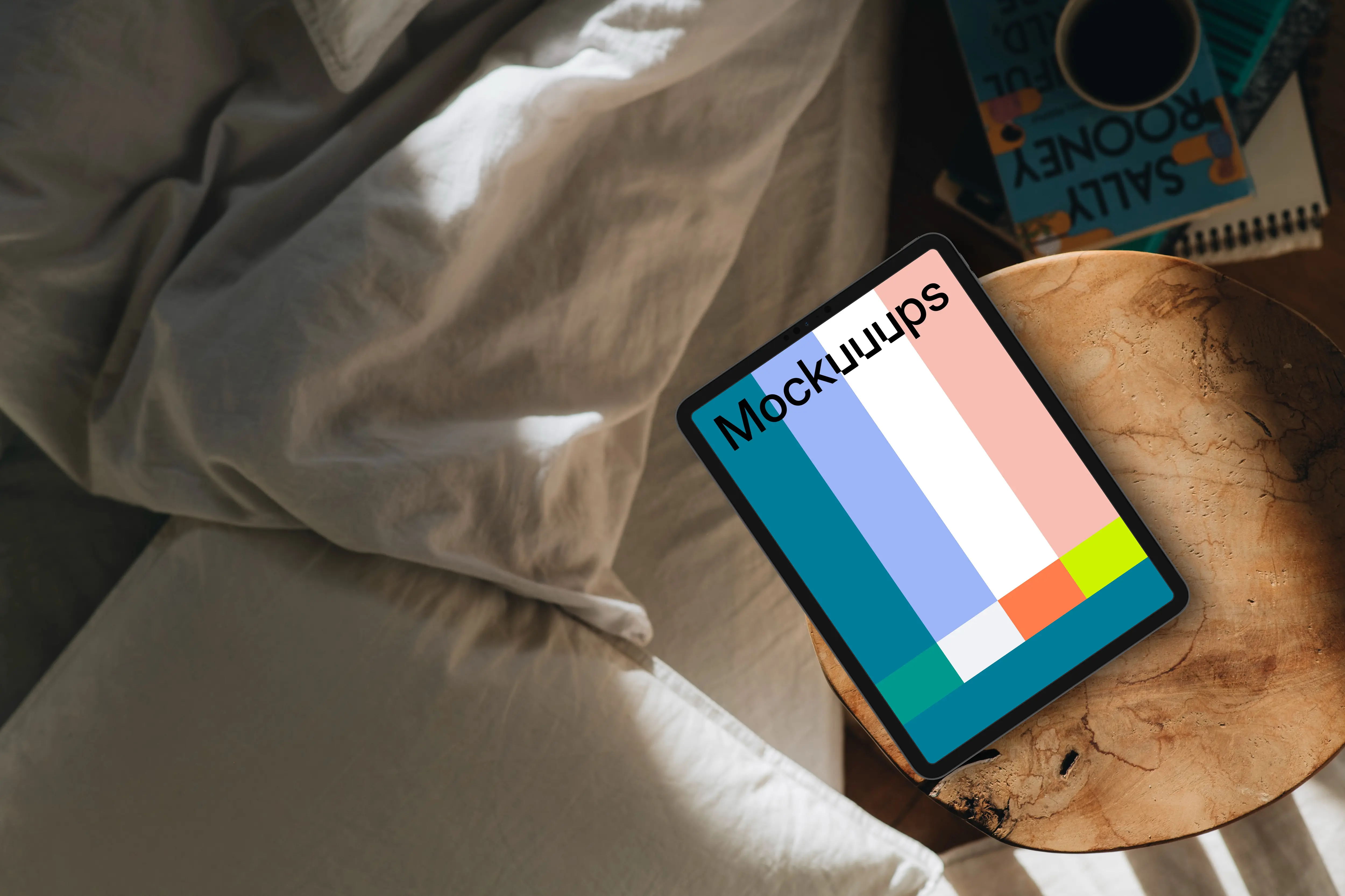 Cozy bedroom scene and the iPad mockup