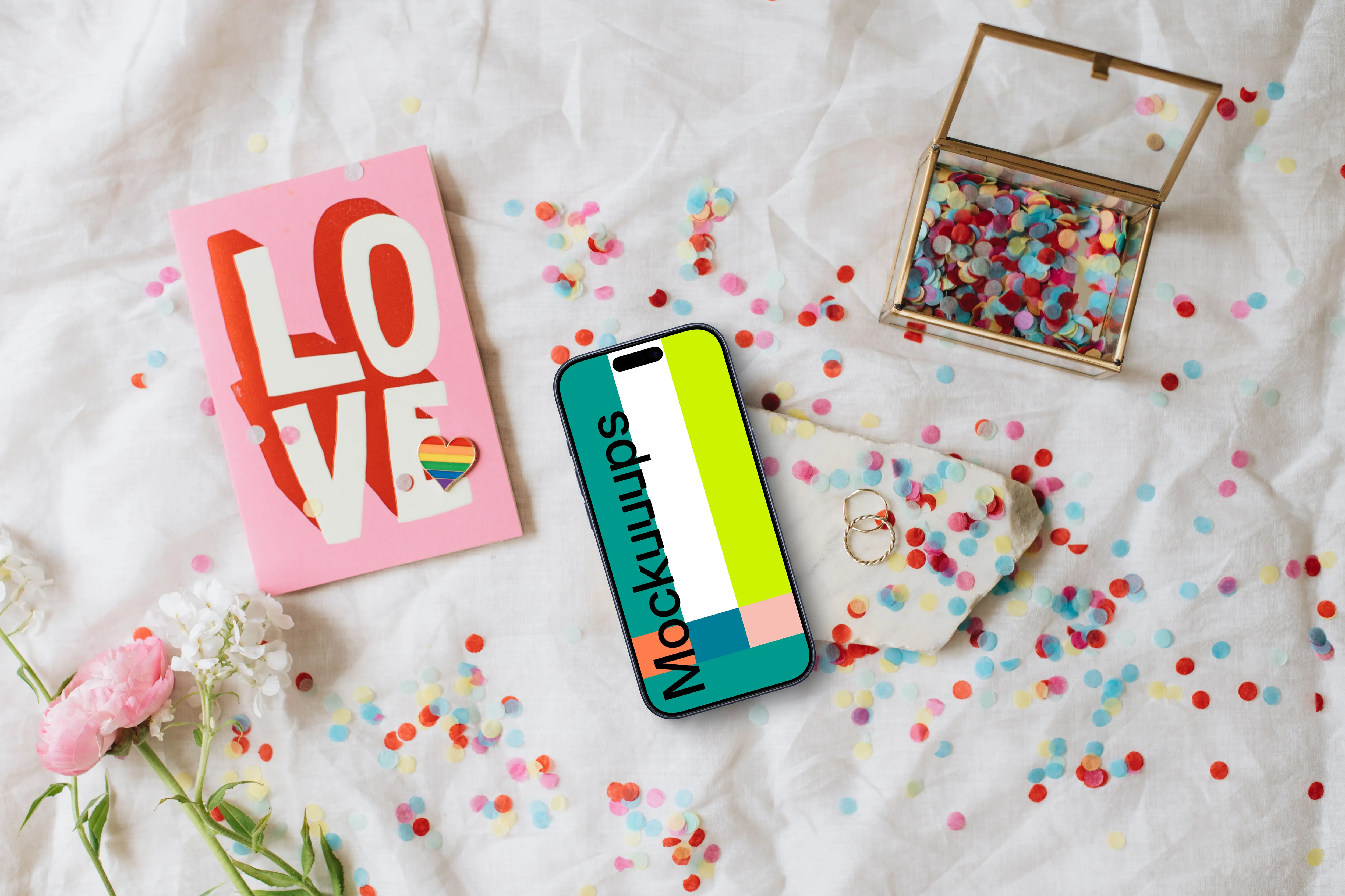 Dreamy wedding iPhone mockup on white sheet