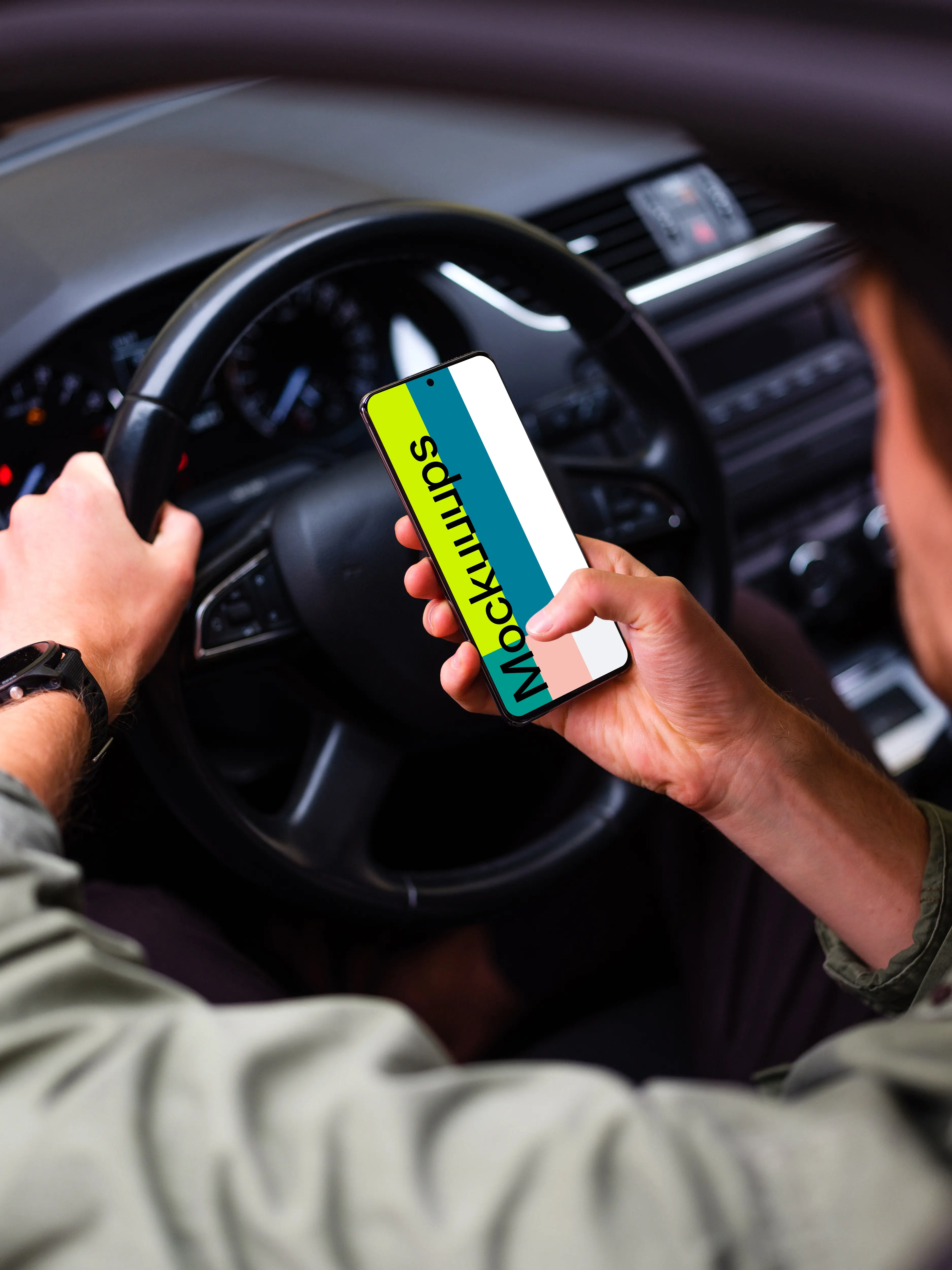 Driver parked up tapping Samsung S20 mockup at the wheel