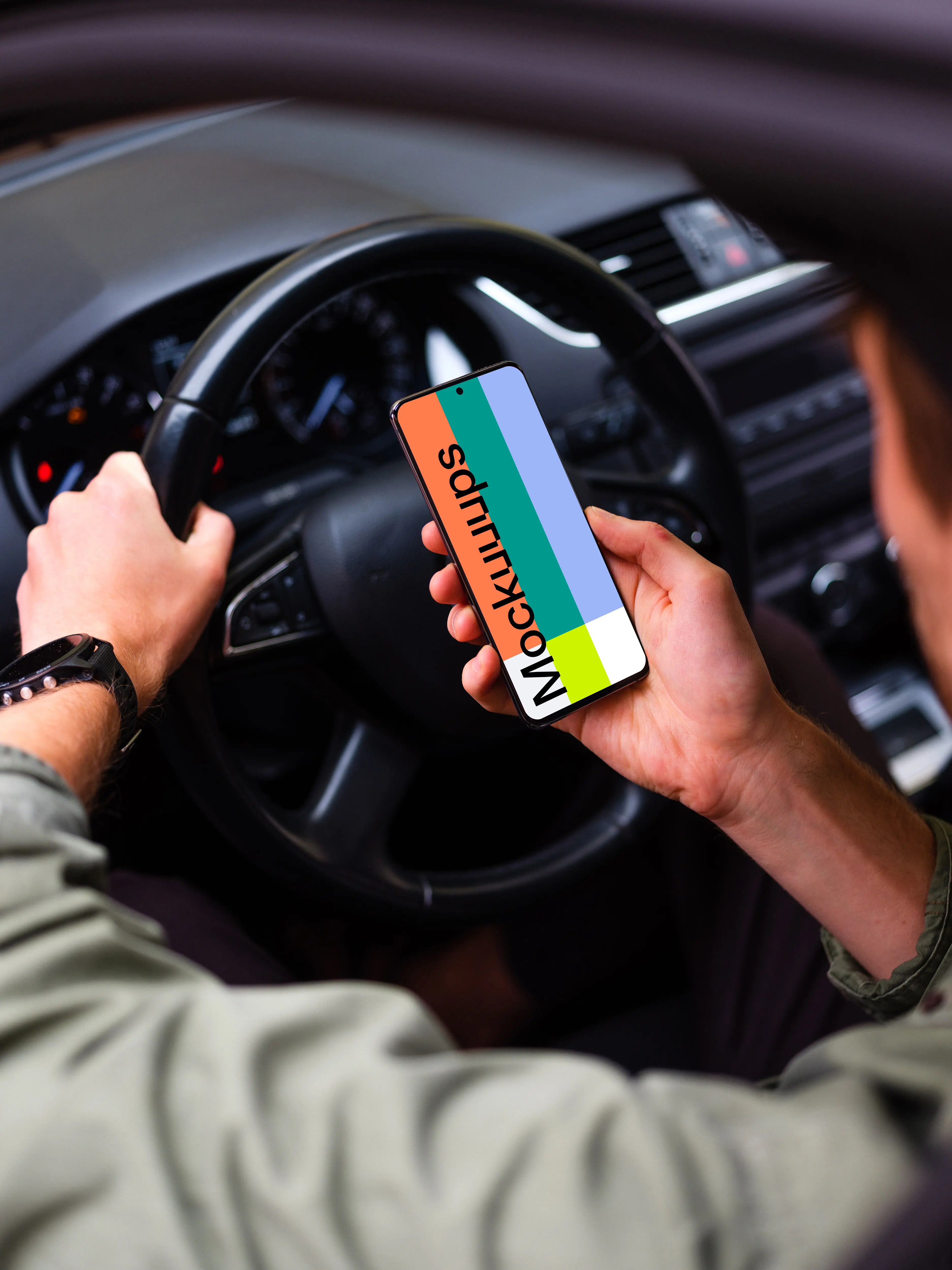 Driver parked up viewing Samsung S20 mockup at the wheel