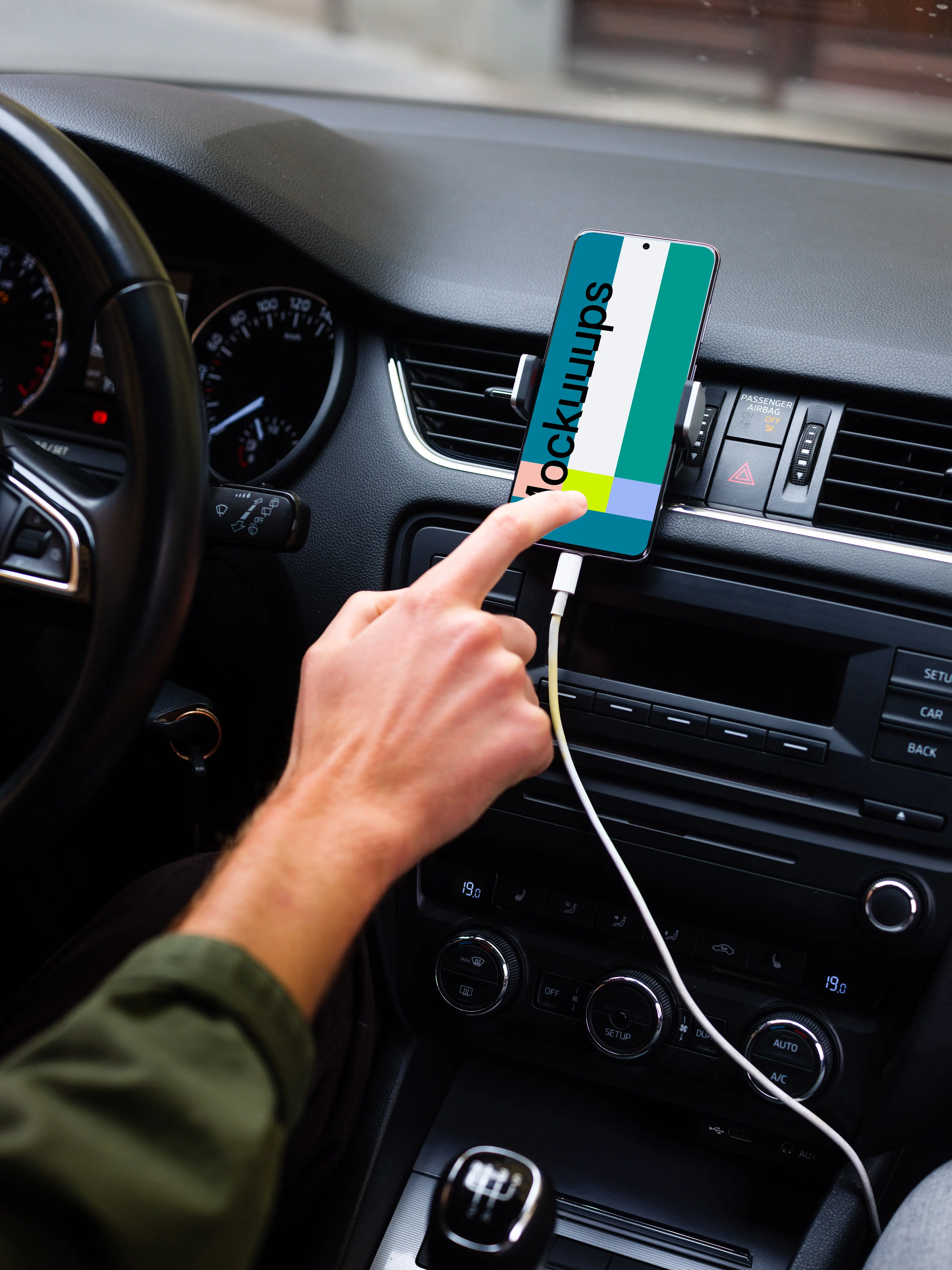 Driver tapping navigation mounted Samsung S20 mockup