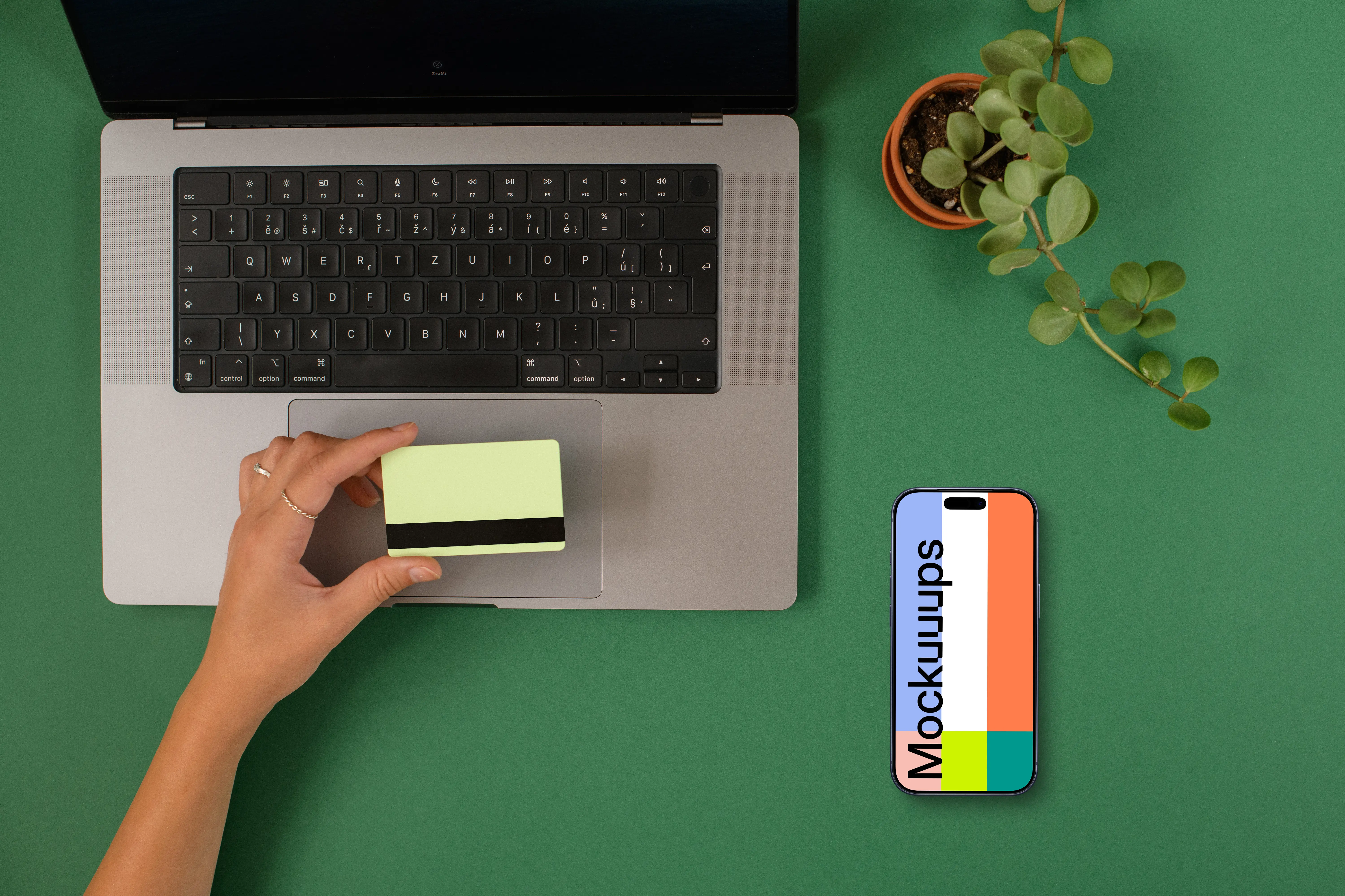 E-commerce themed iPhone mockup with green background