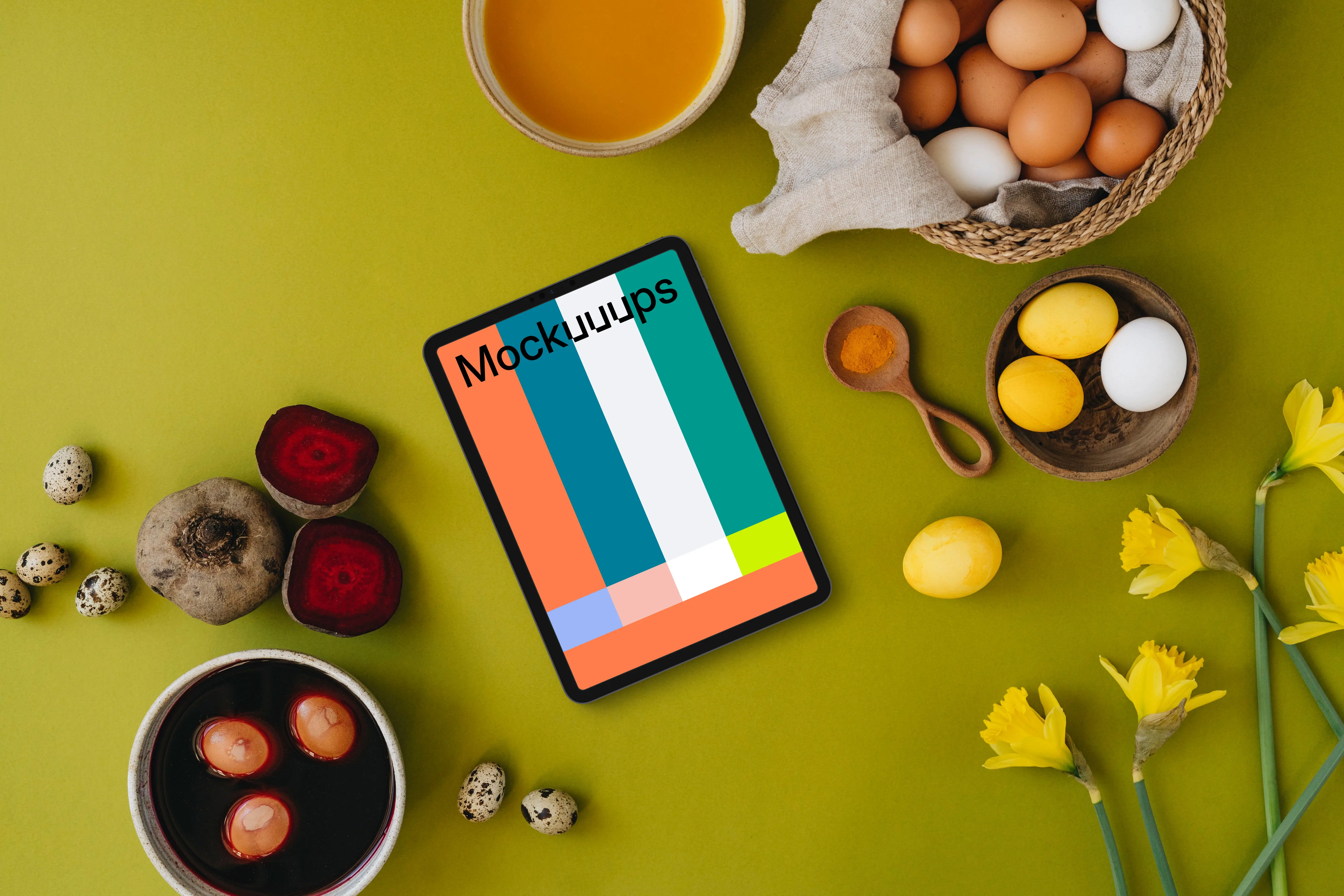 Easter eggs being colored next to a tablet mockup