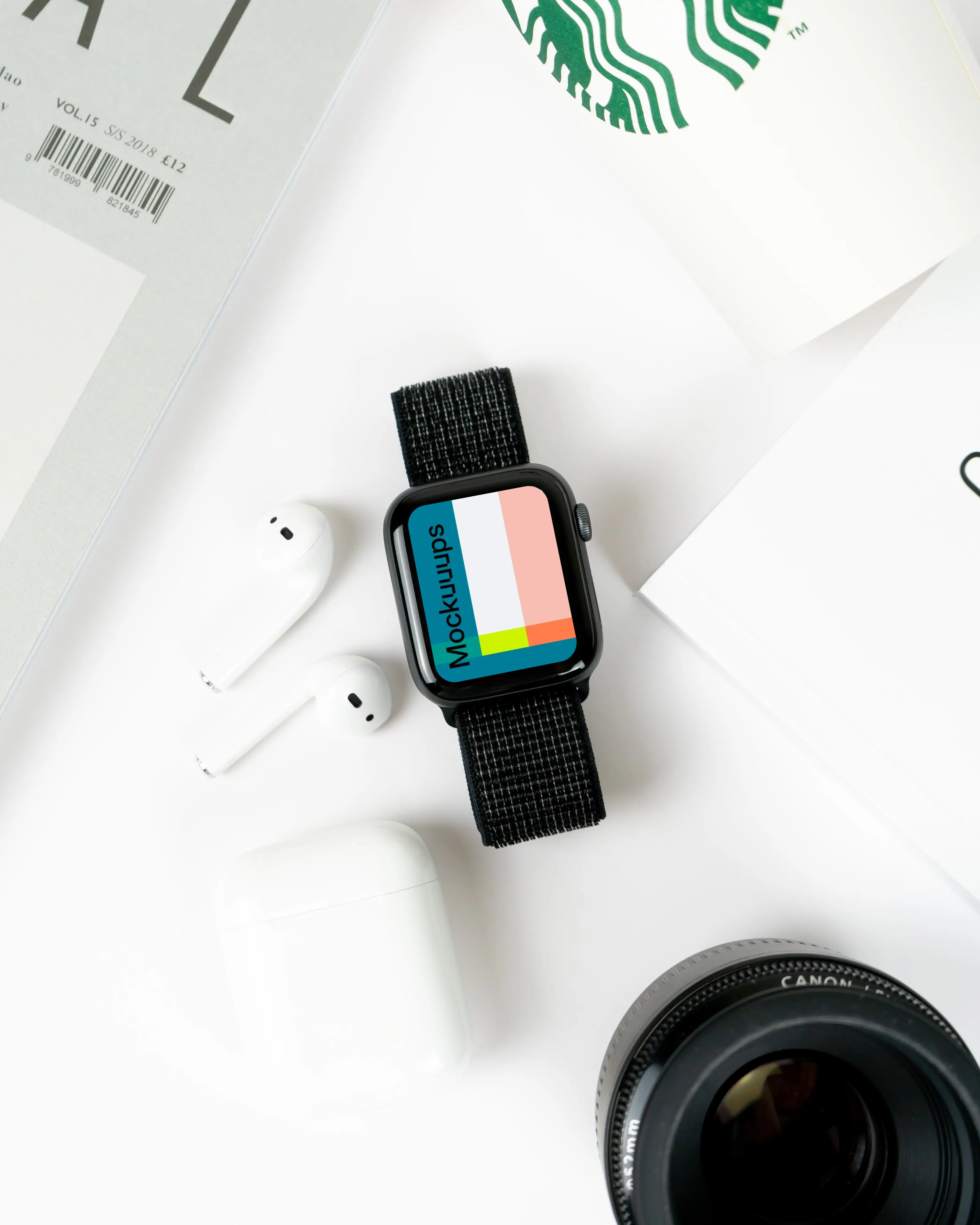 Apple Watch mockup beside airpods