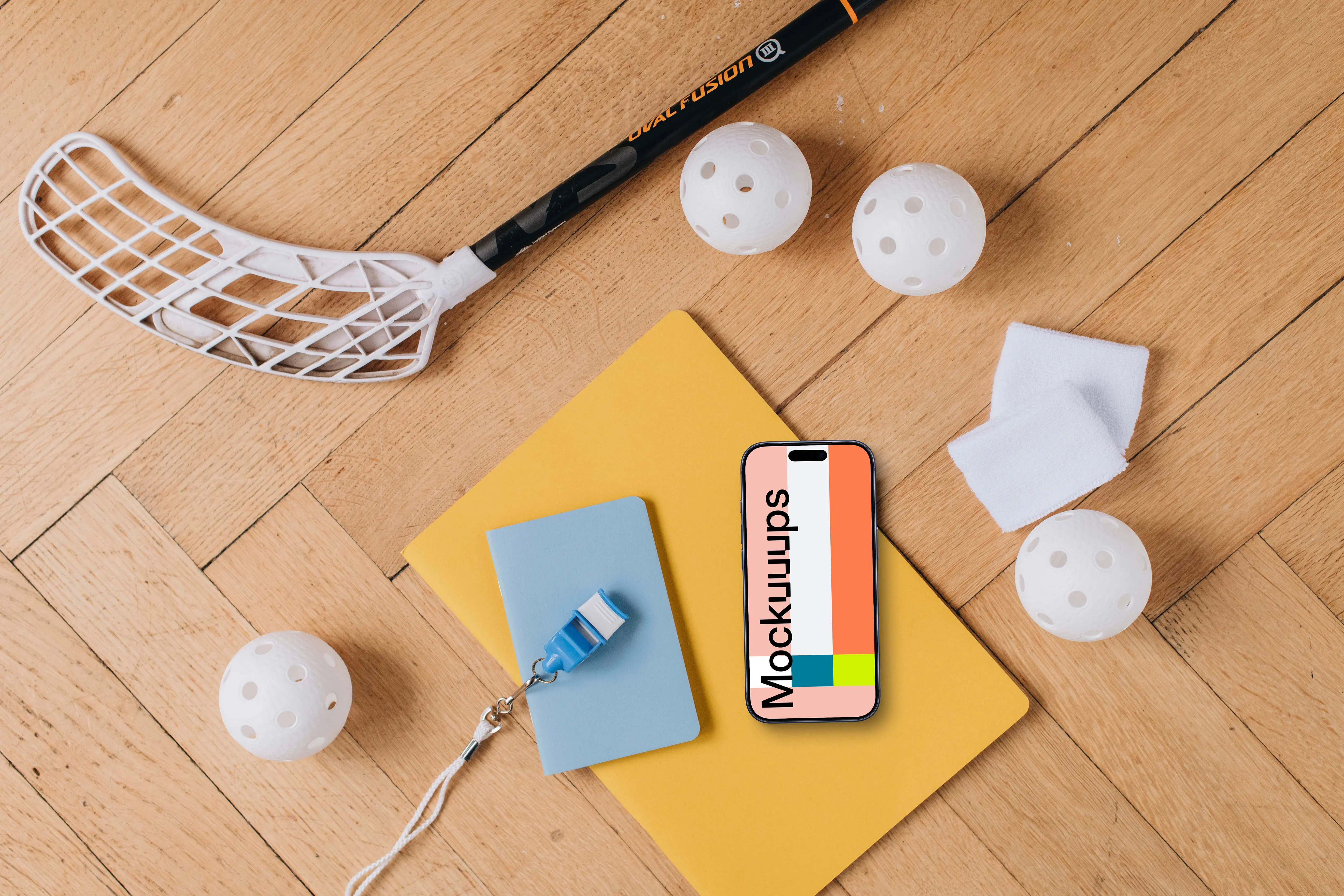 Floorball stick with iPhone mockup
