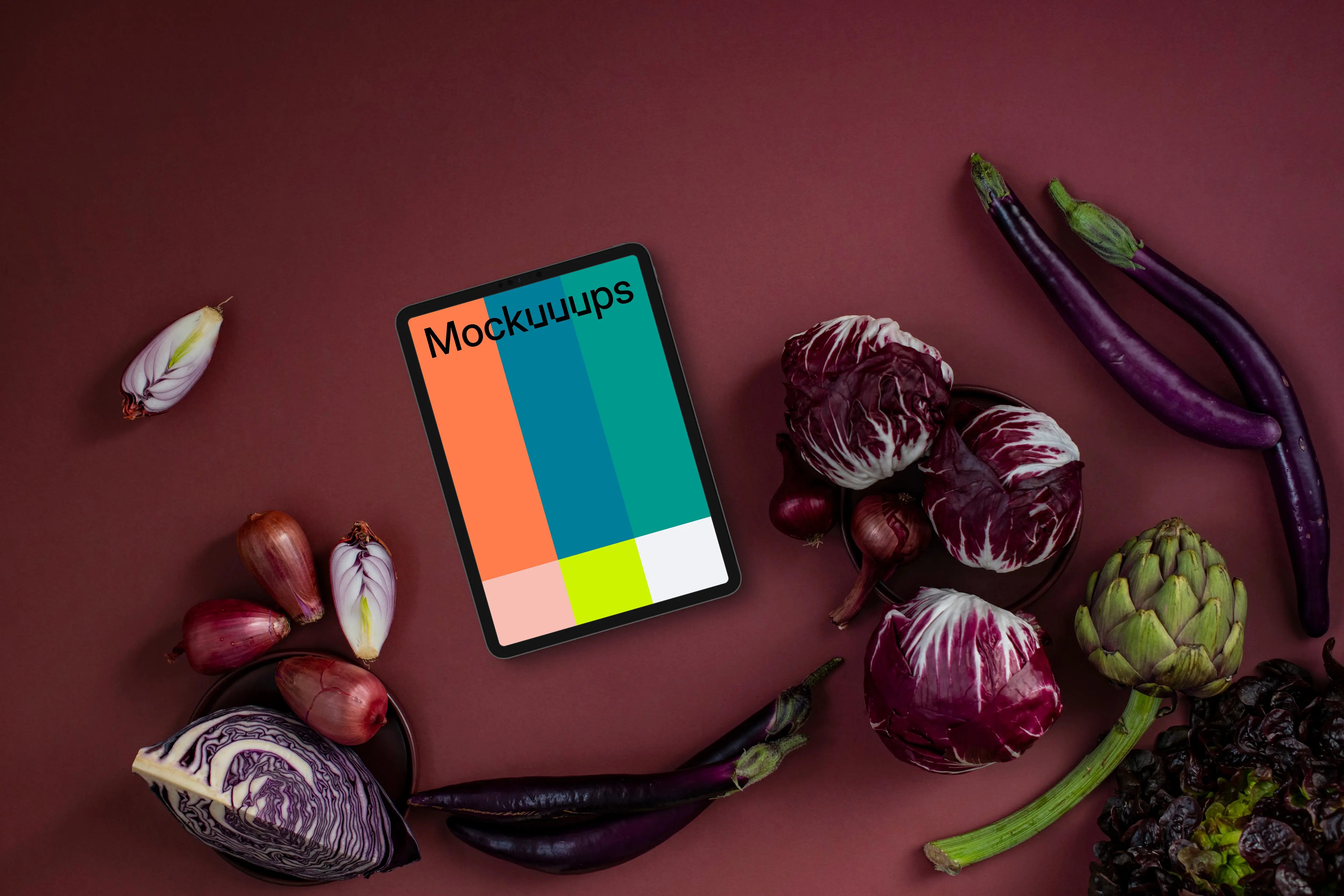 Food in Viva Magenta color shade next to the tablet mockup