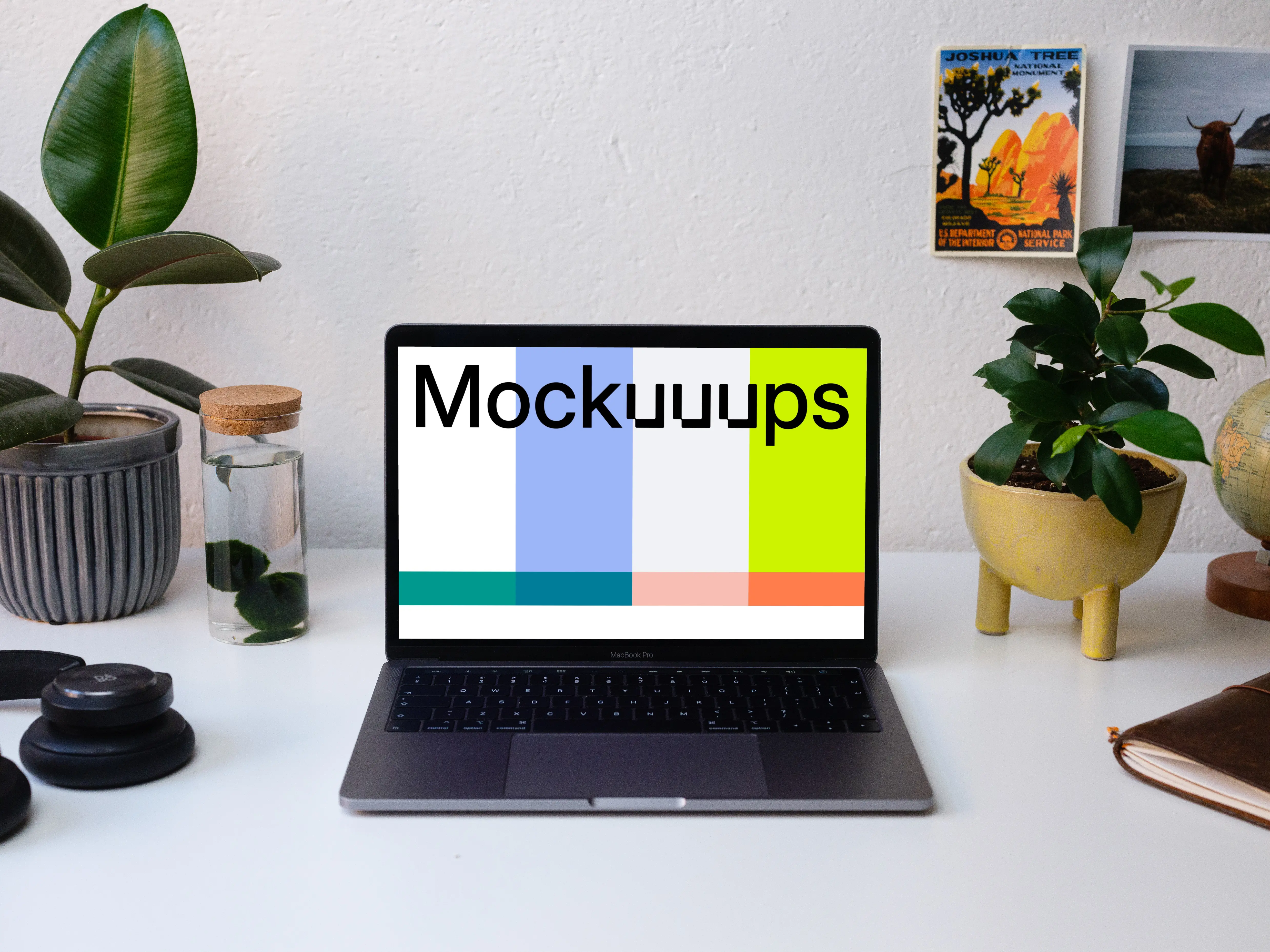 Front view of the Macbook Pro mockup on white table