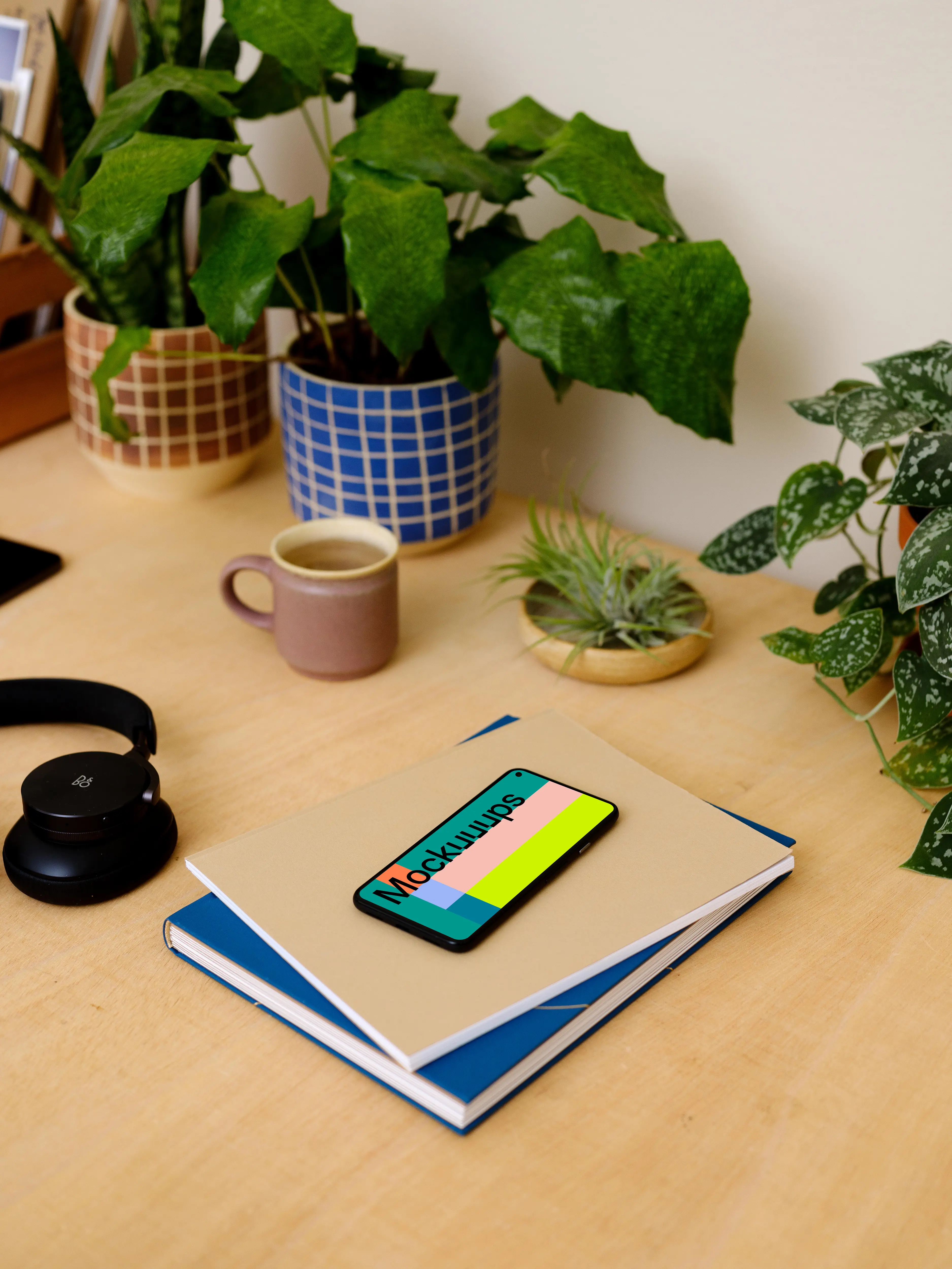 Google Pixel 5 mockup with a coffee at the side