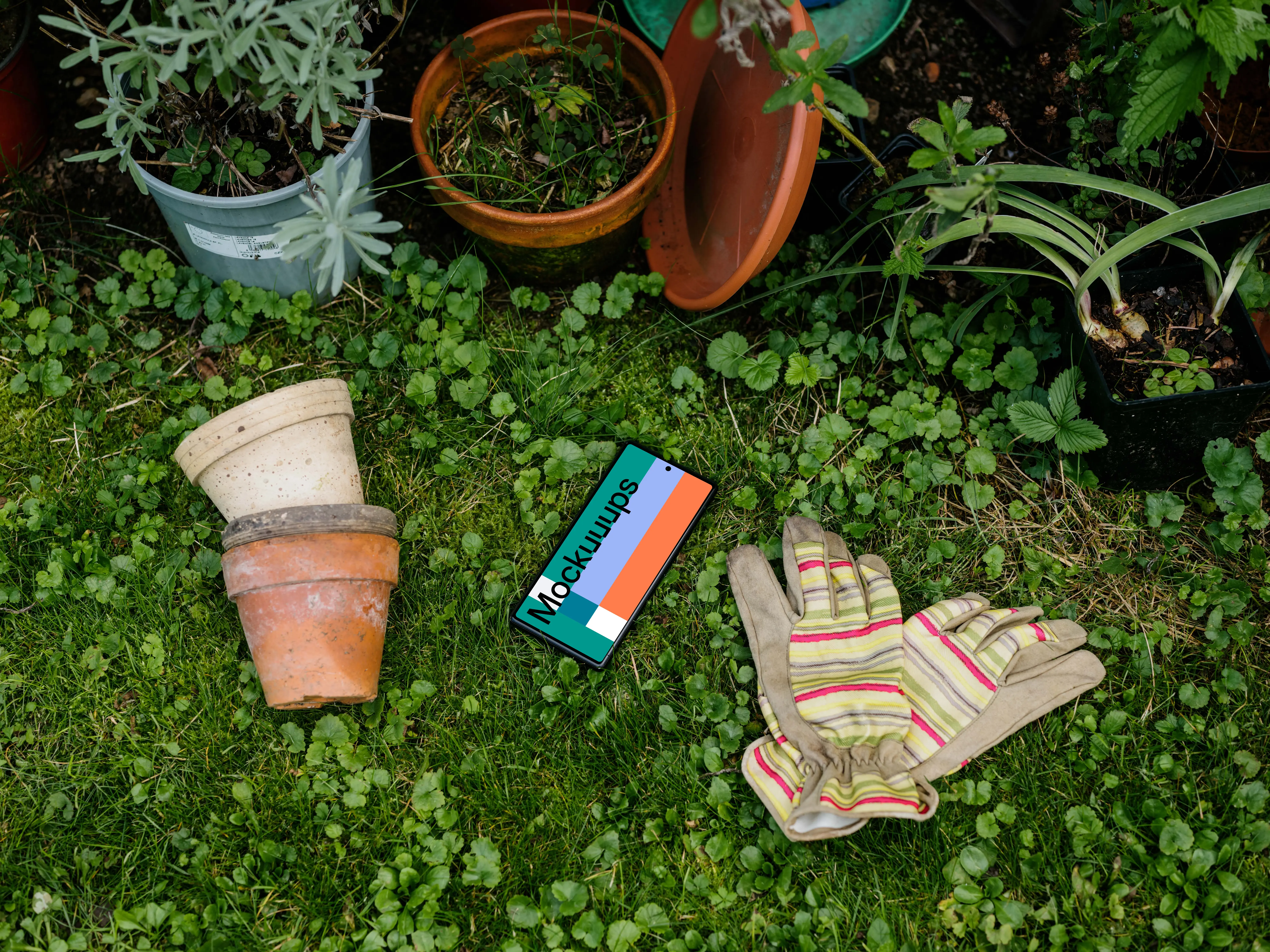 Google Pixel 6 mockup placed next to the garden equipment