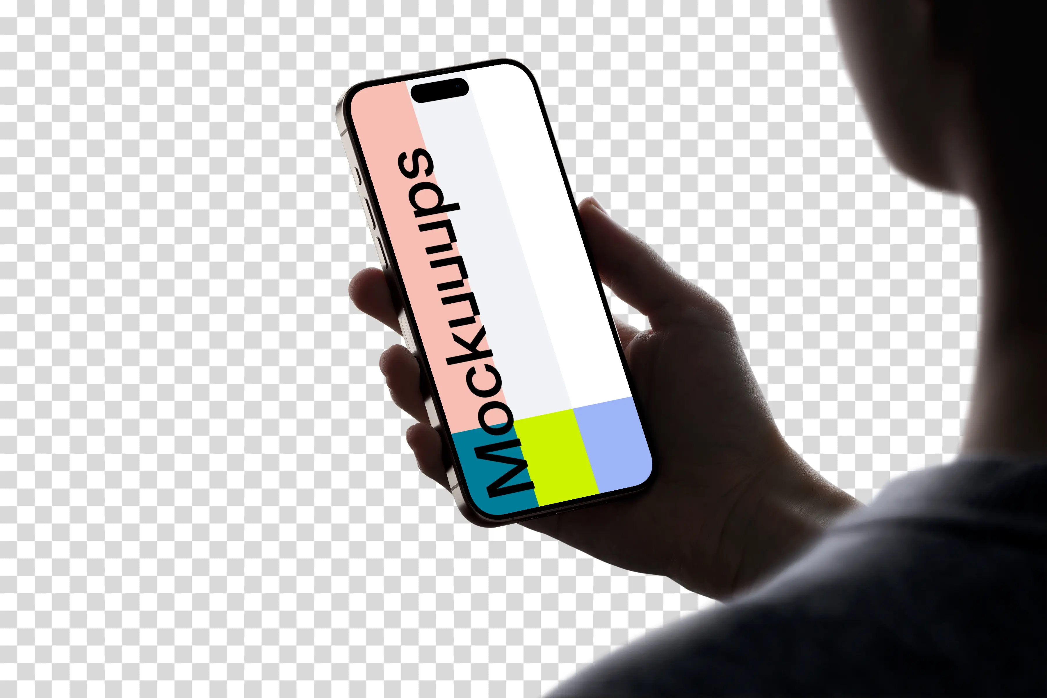 Hand holding iPhone 15 Pro mockup