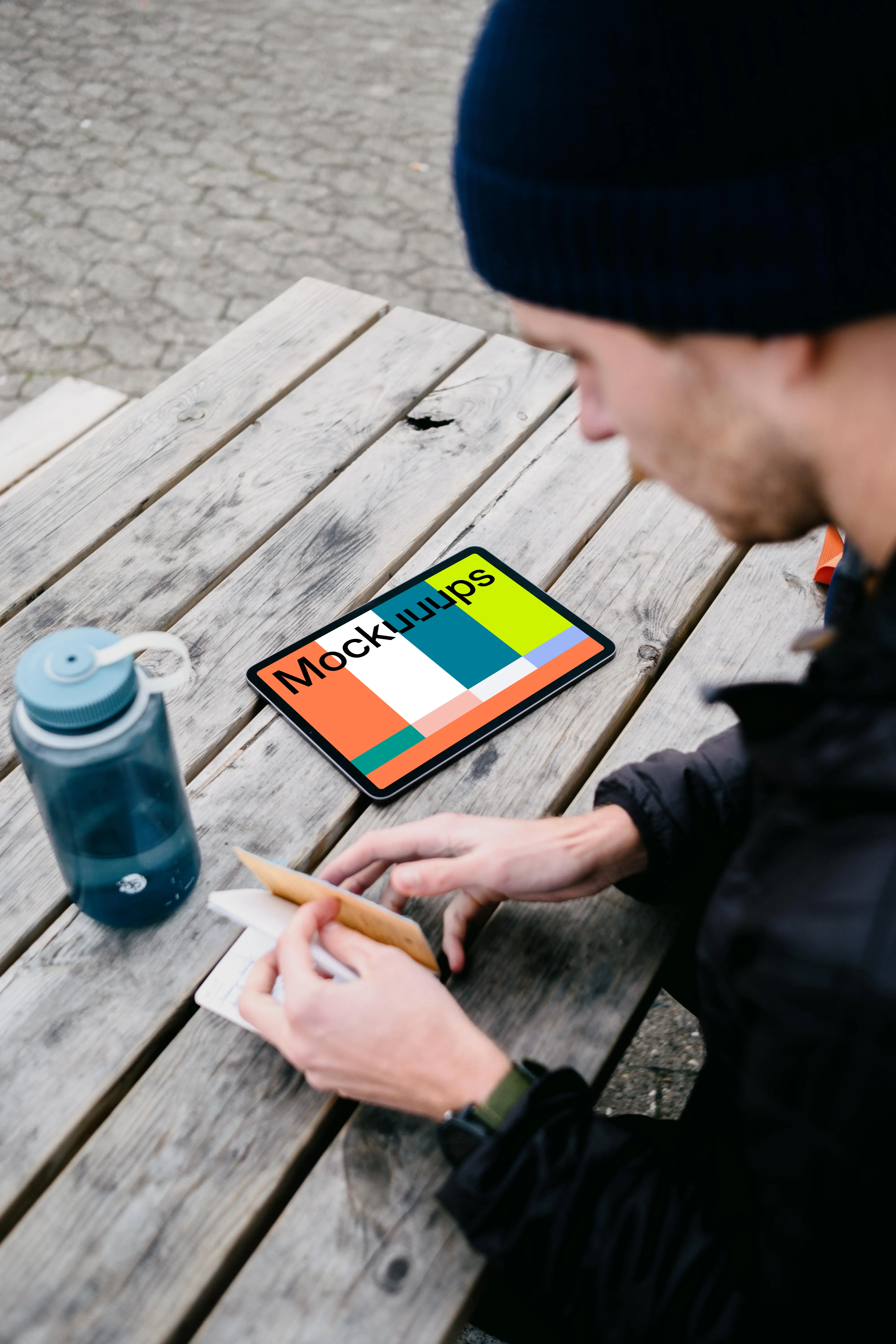 iPad Air mockup on a park table beside a water bottle