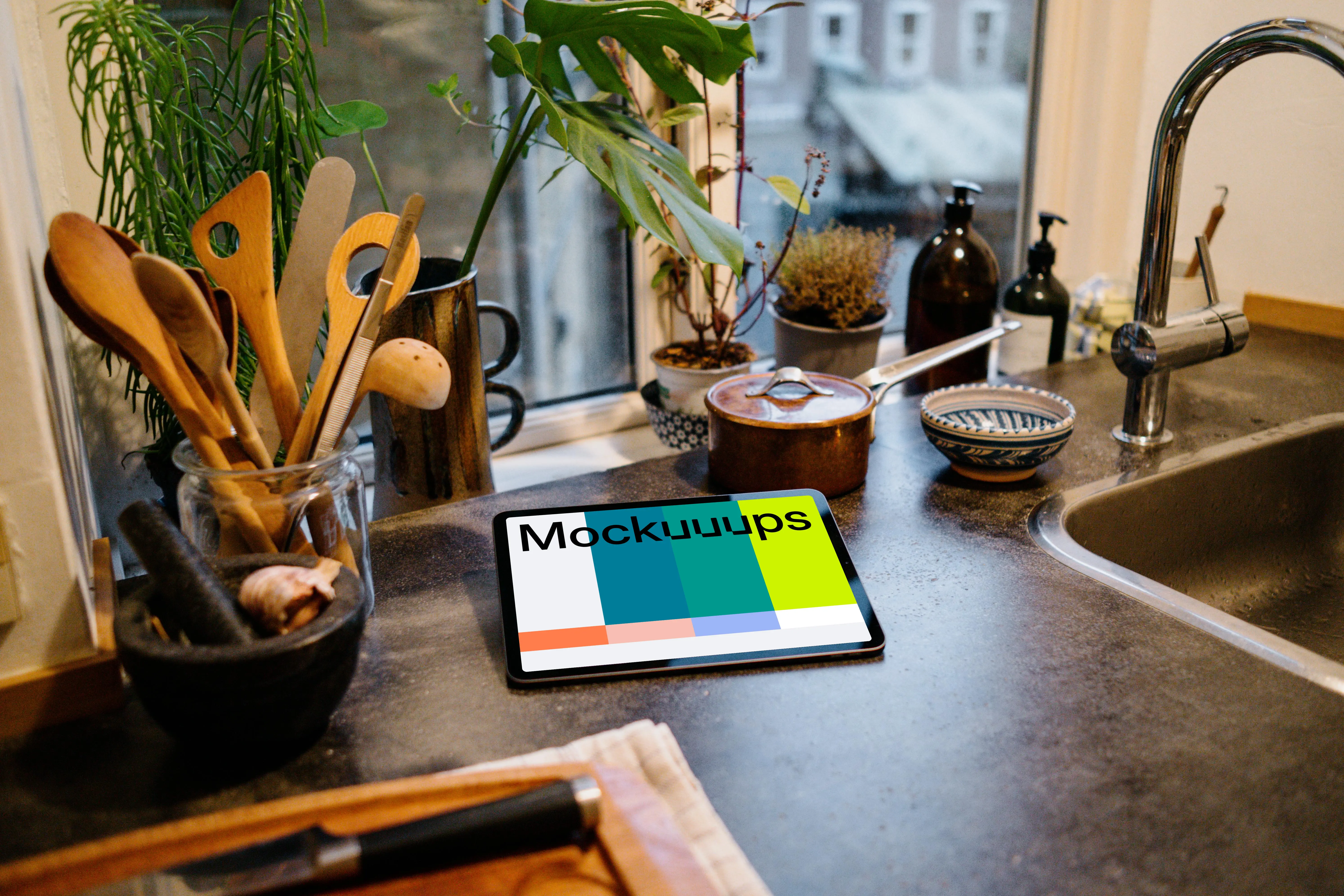 iPad Air mockup on an iPad stand in a kitchen