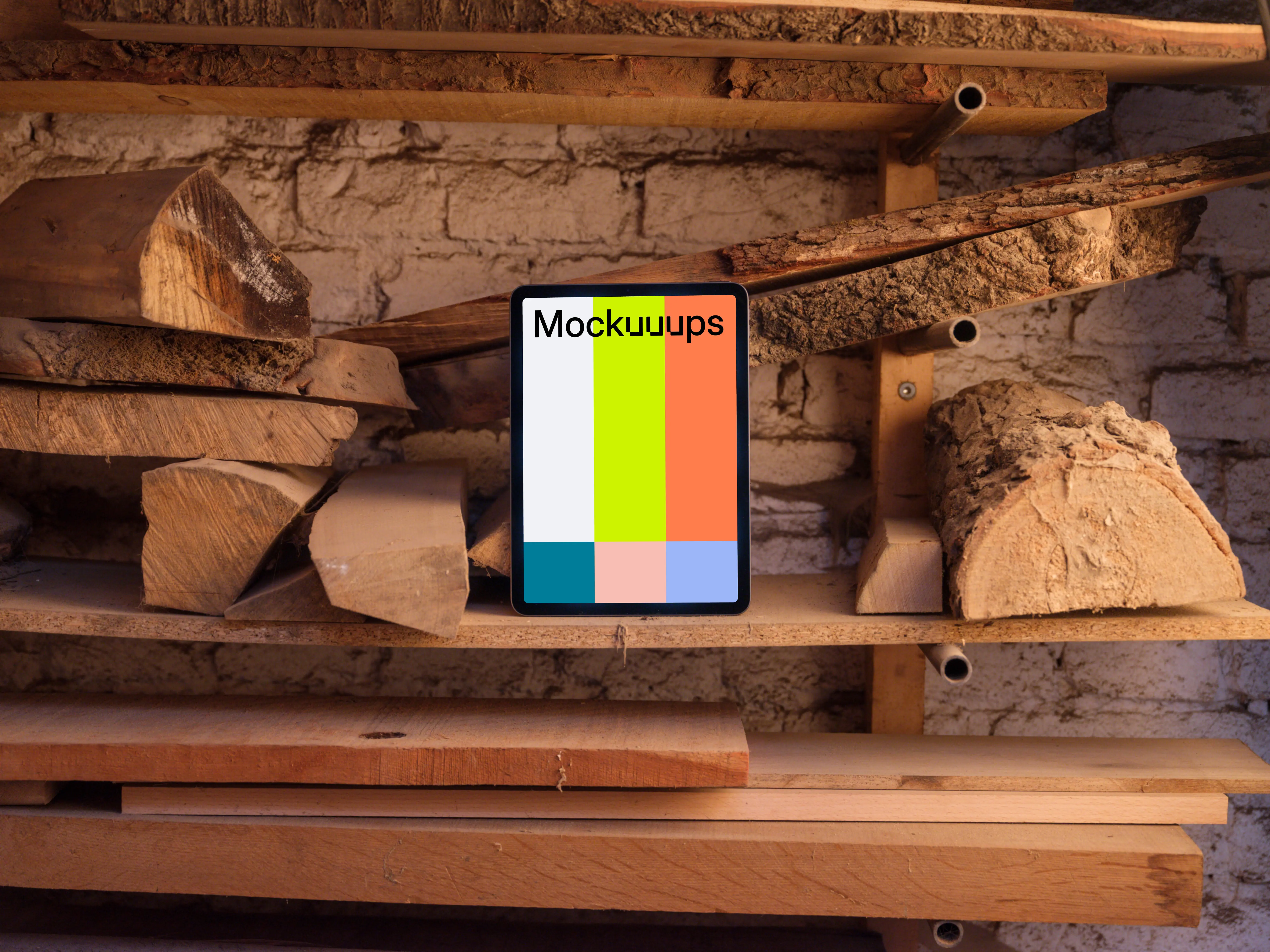 iPad Air mockup surrounded by wooden objects