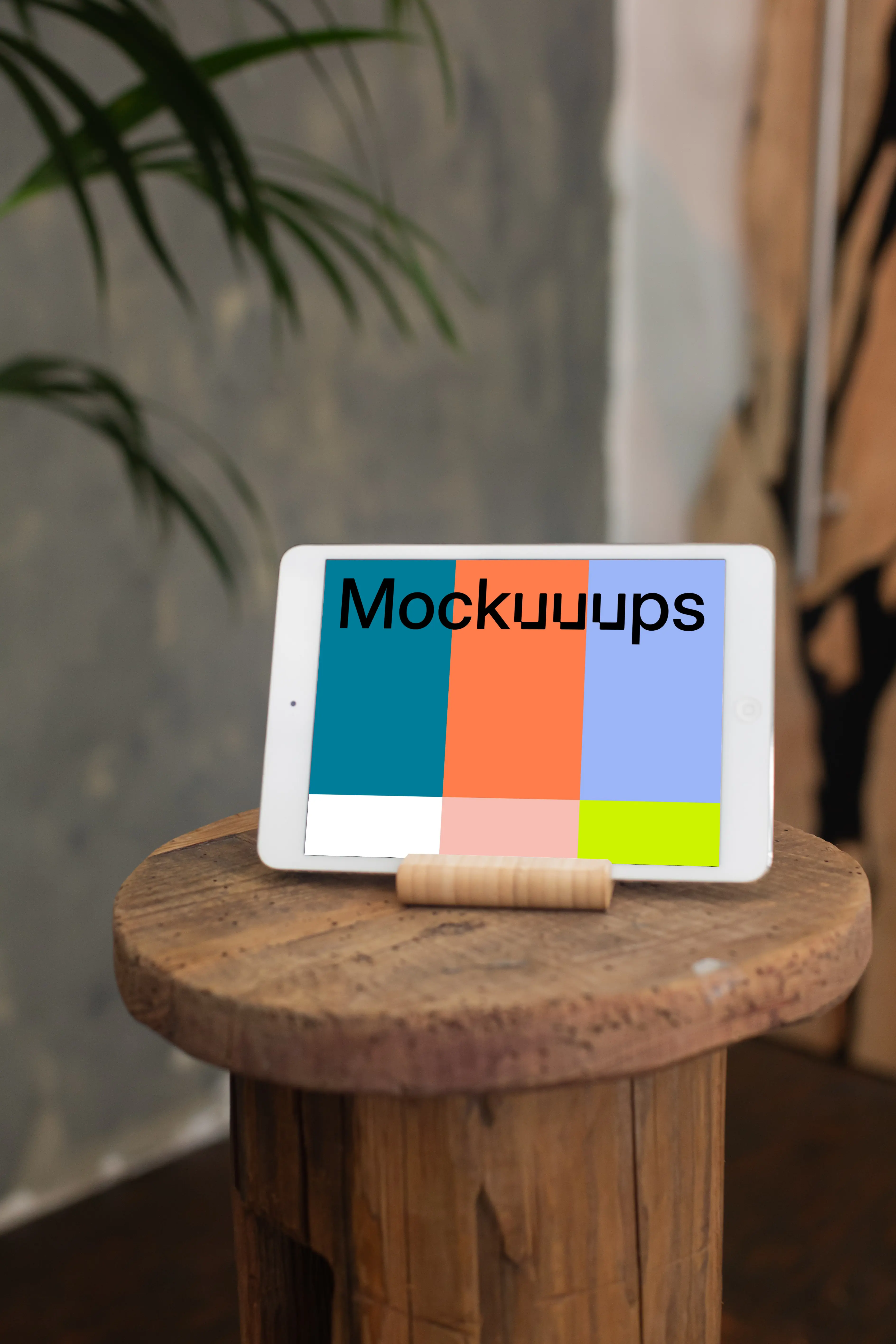 iPad Mini mockup in landscape mode placed on a wooden stool
