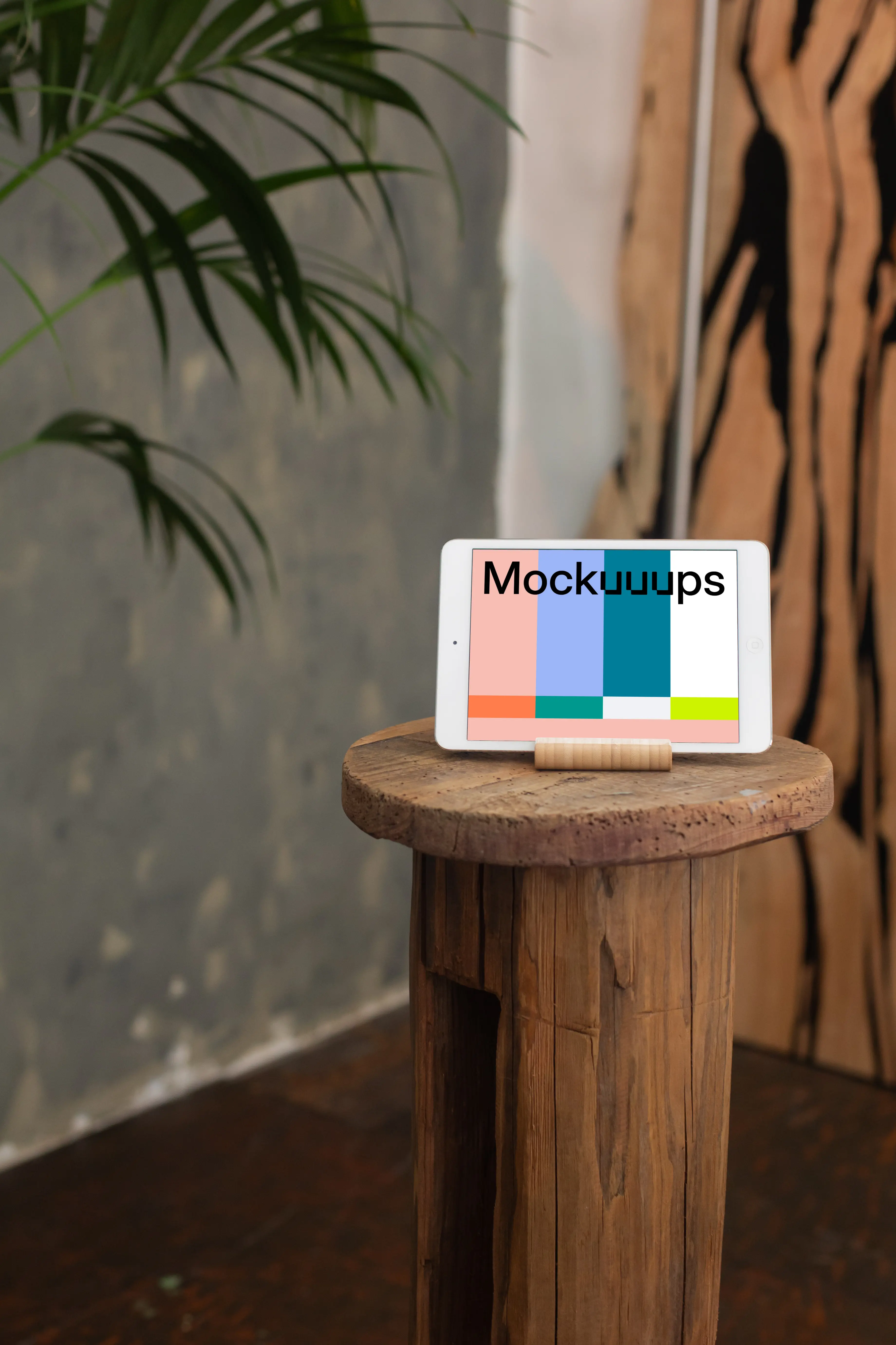 iPad Mini mockup on a wooden stool