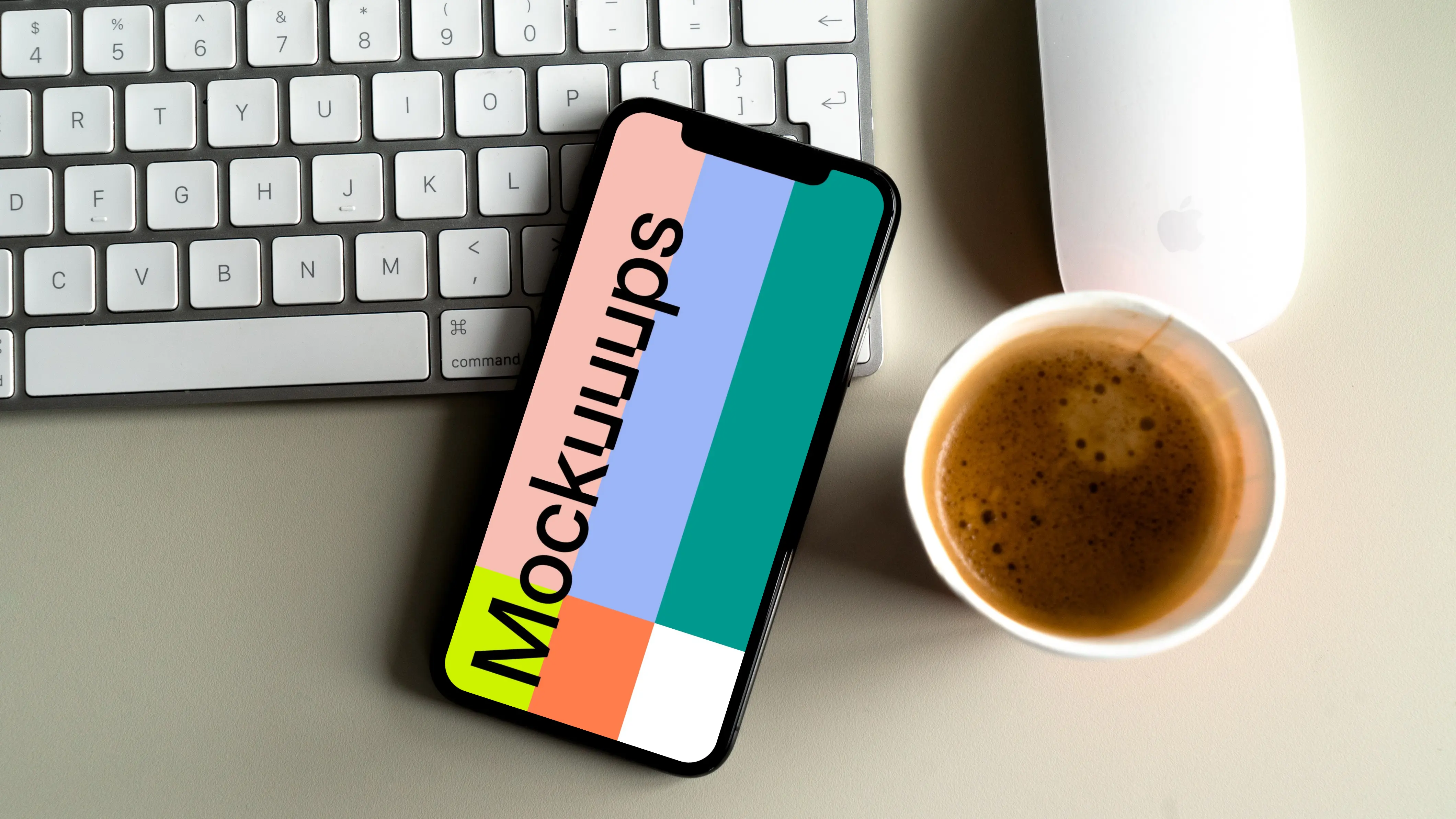 iPhone 12 mockup beside a cup of coffee