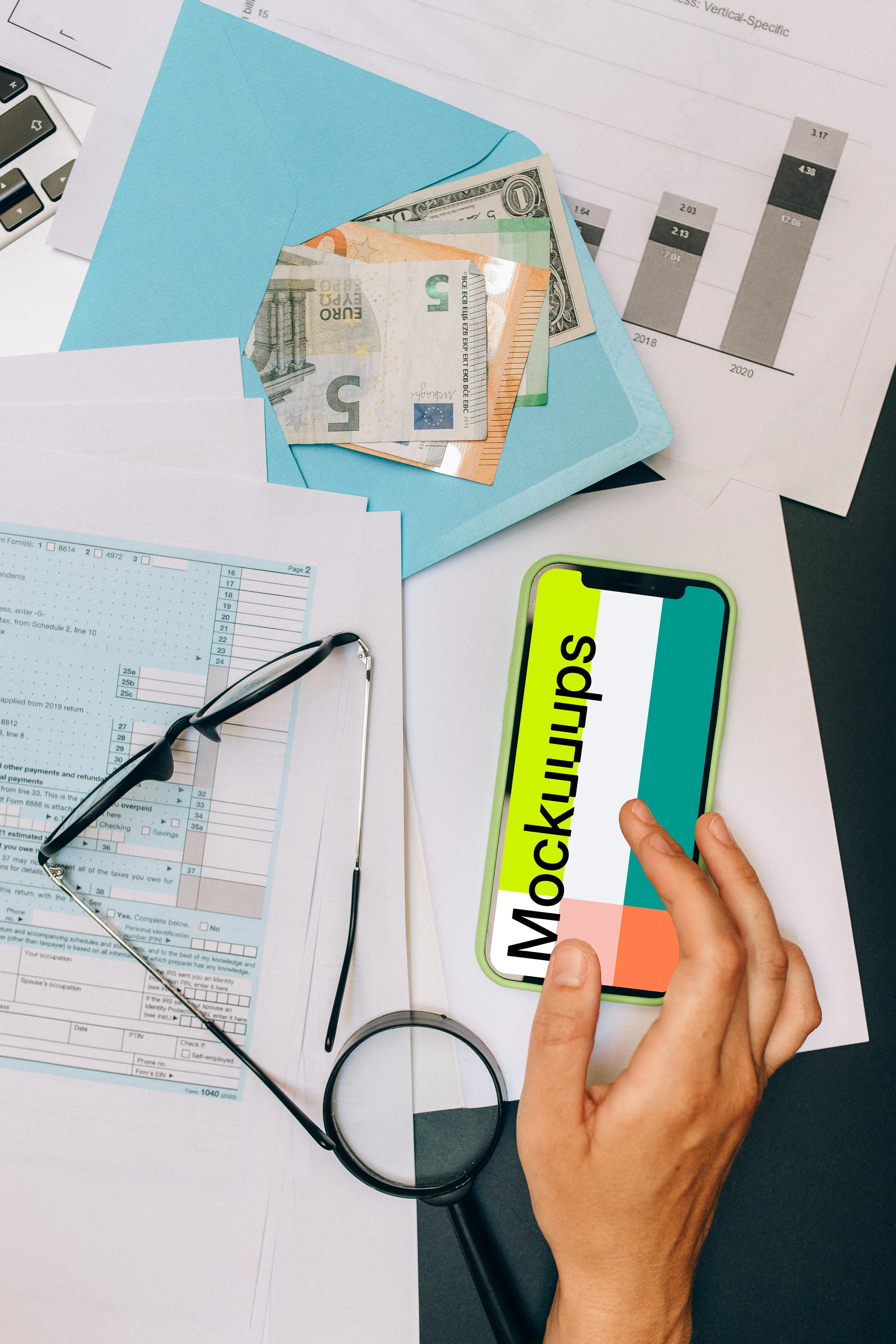 iPhone 12 Pro mockup on a table beside multiple currencies.