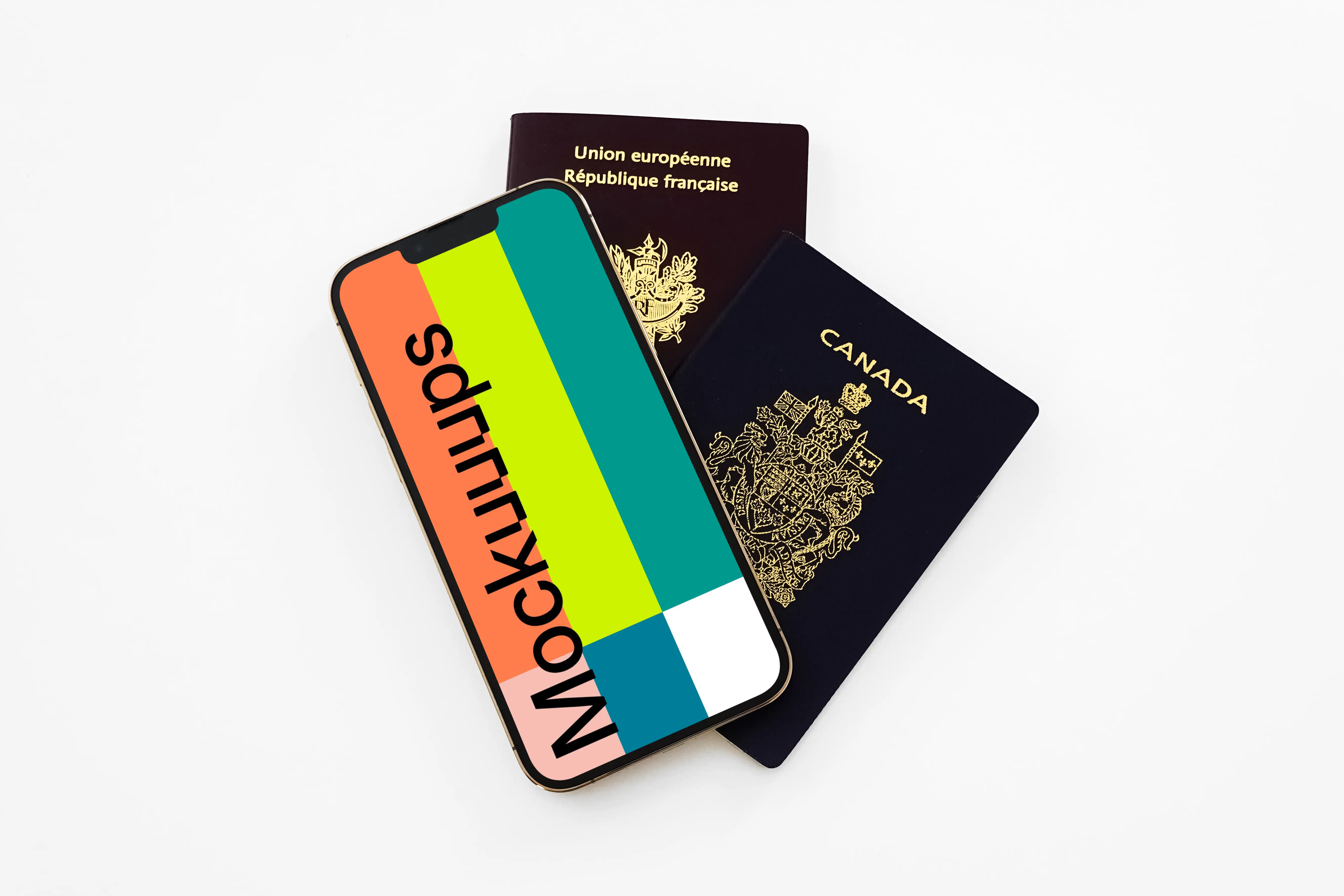 iPhone 13 mockup placed on two passports 