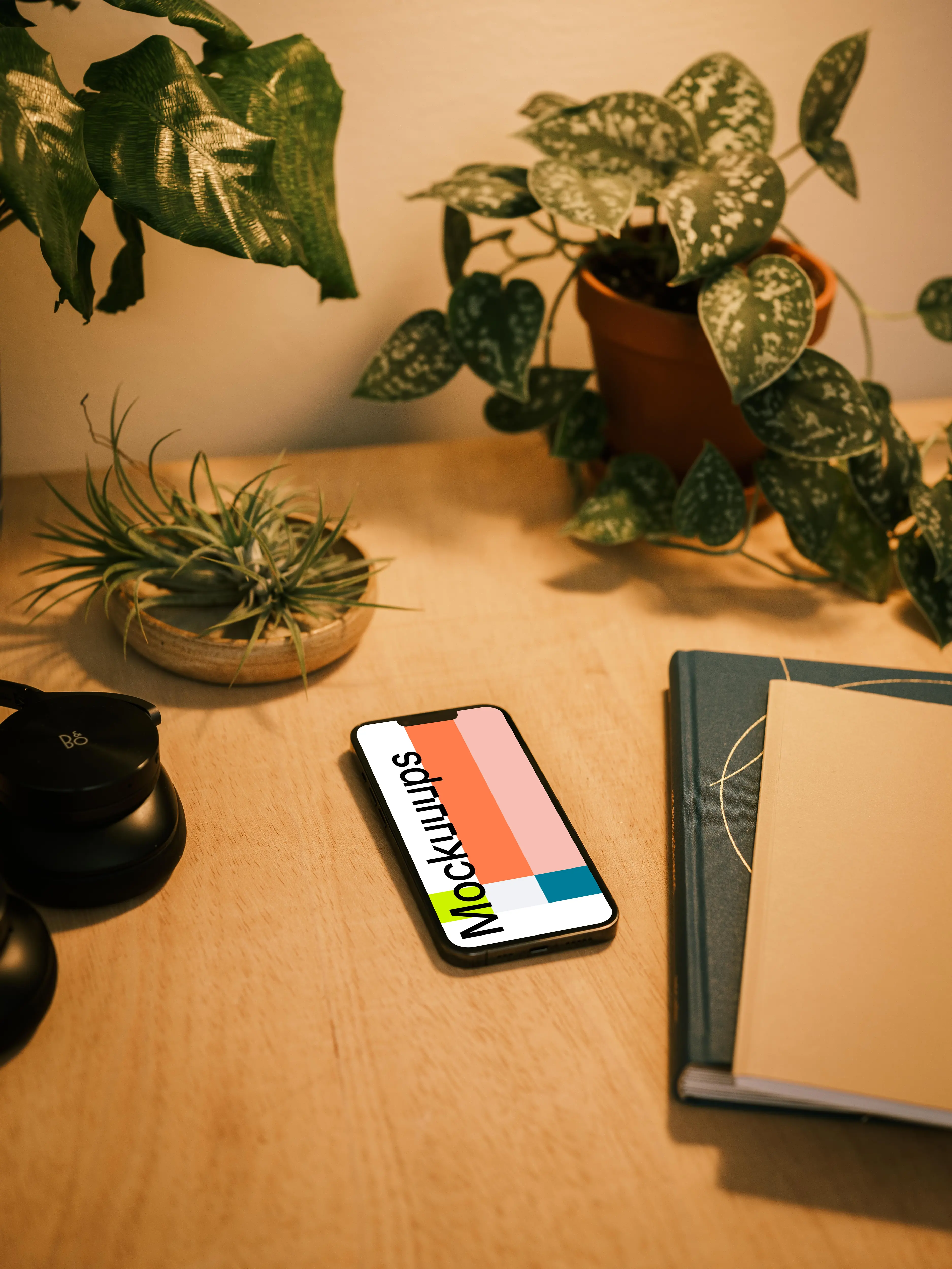 iPhone 13 Pro on a table with potted plants in the background