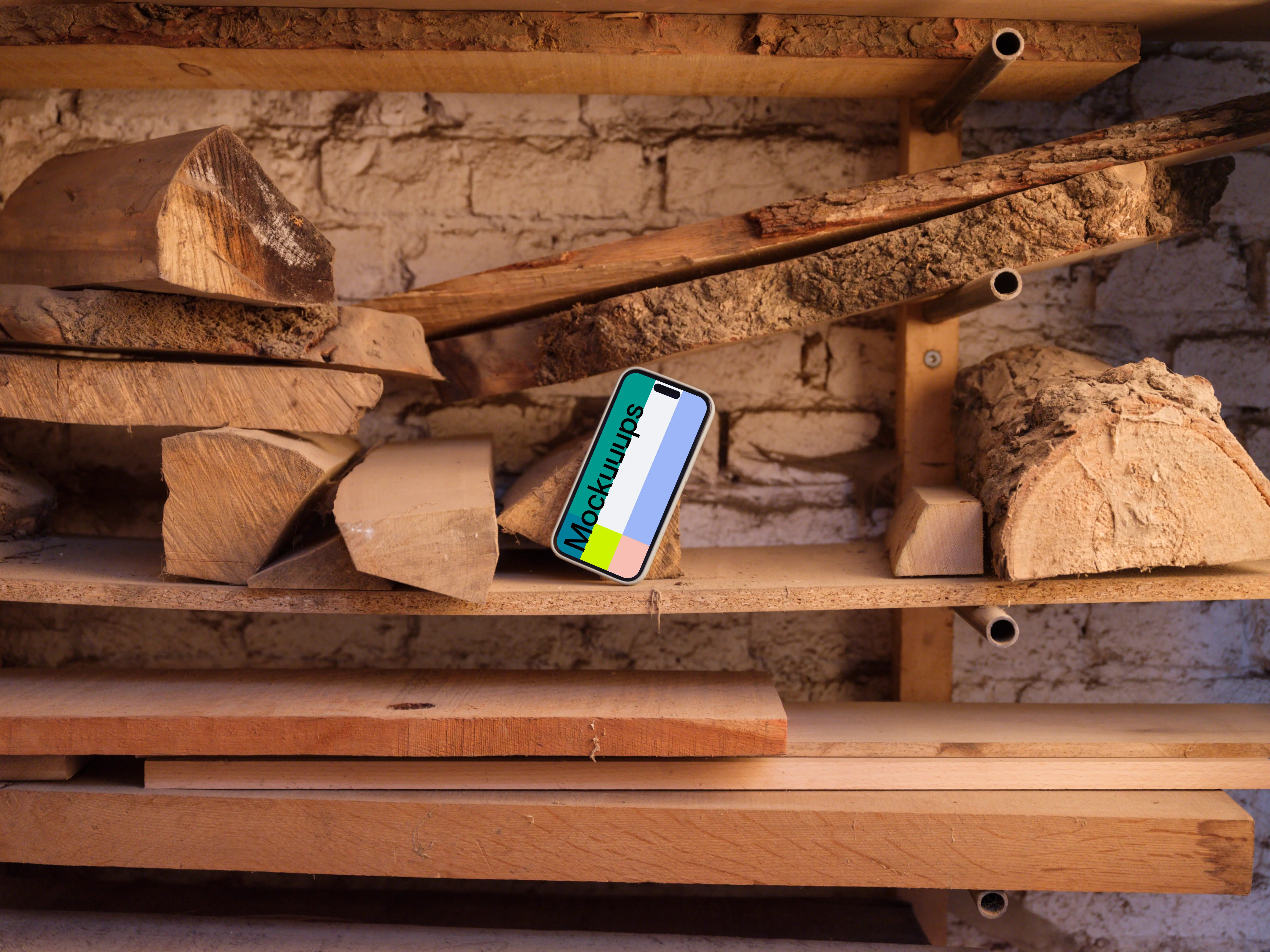 iPhone mockup between wooden boards