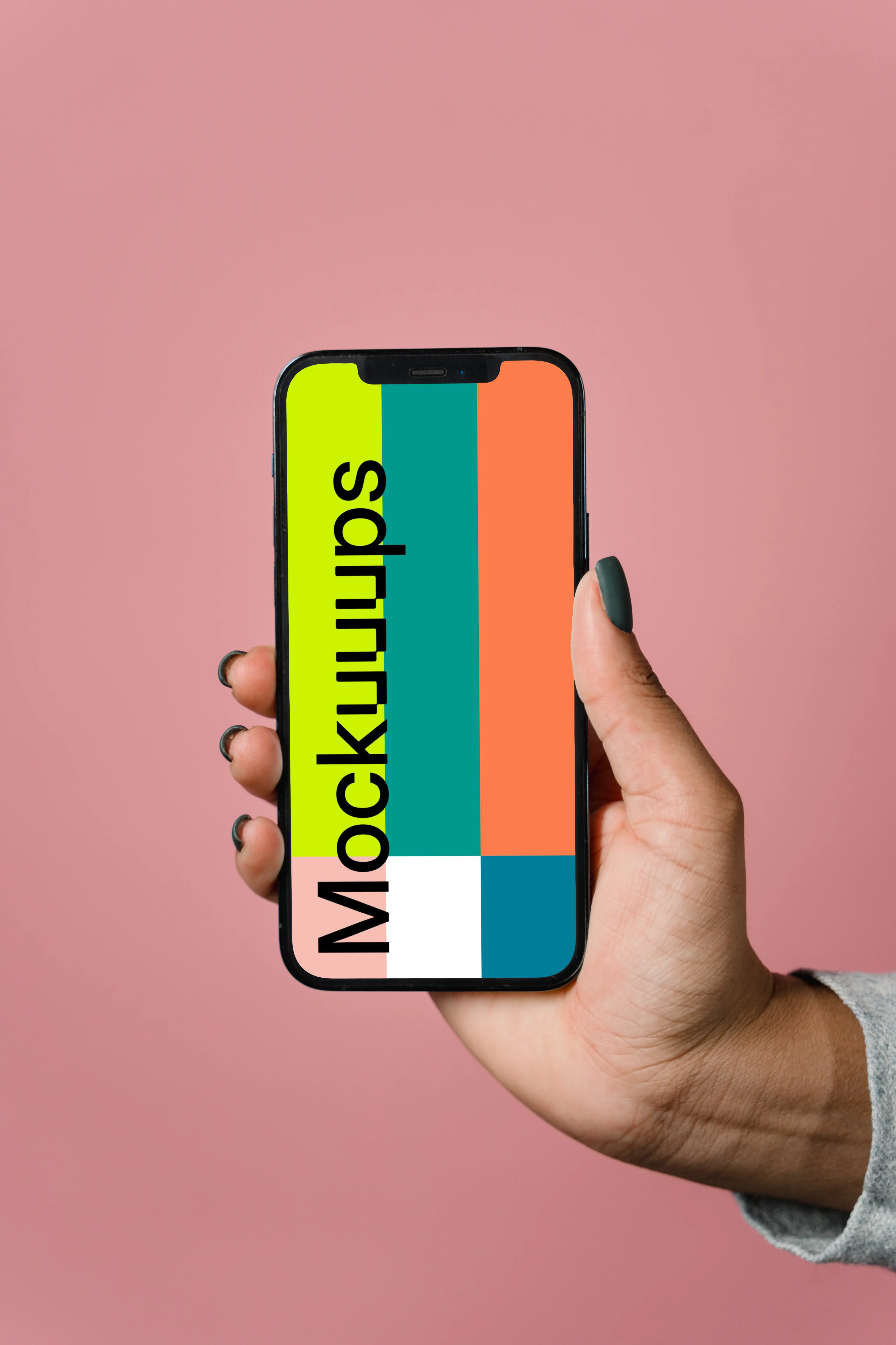 iPhone mockup held up by user in a pink background