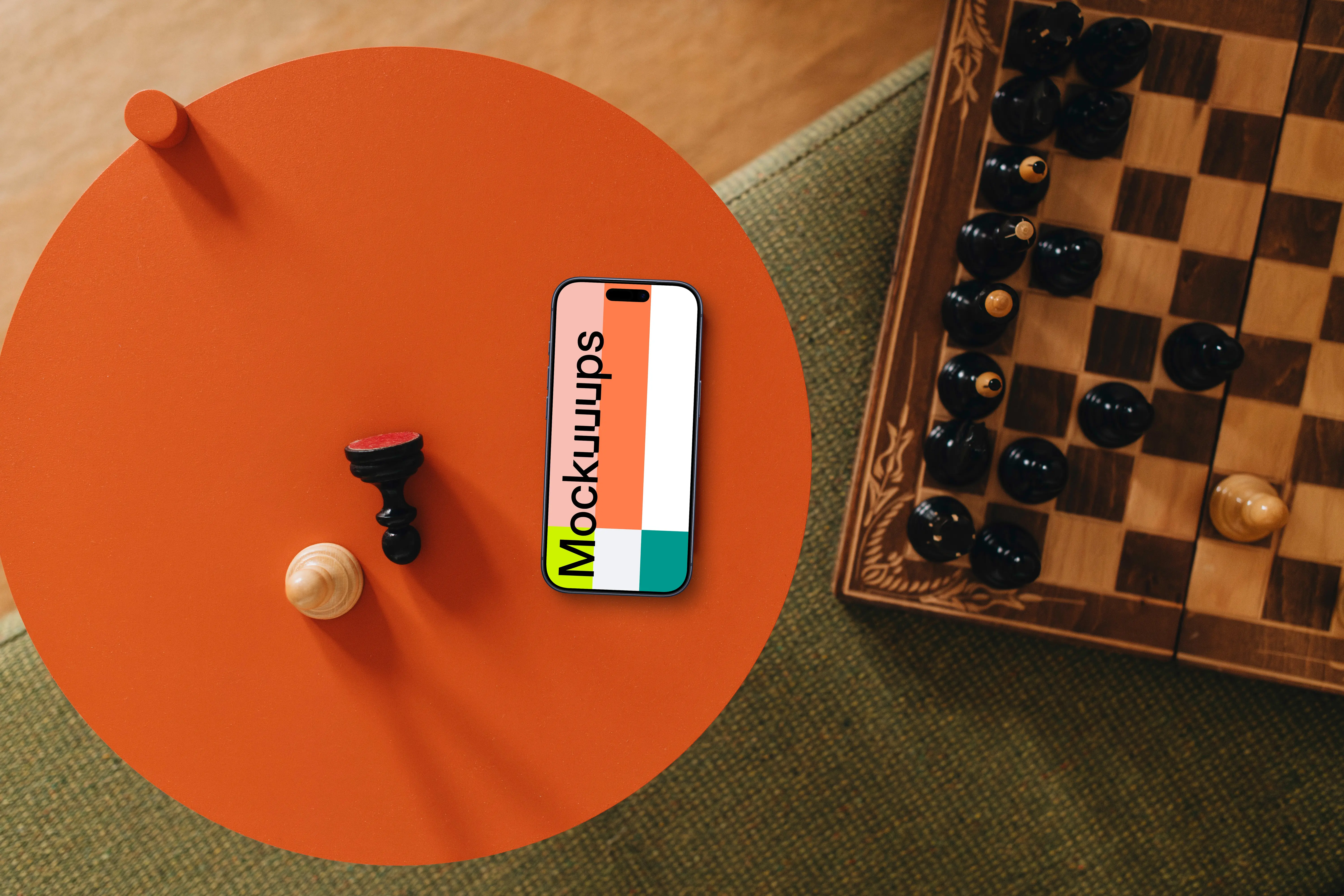 iPhone mockup next to the chess board game