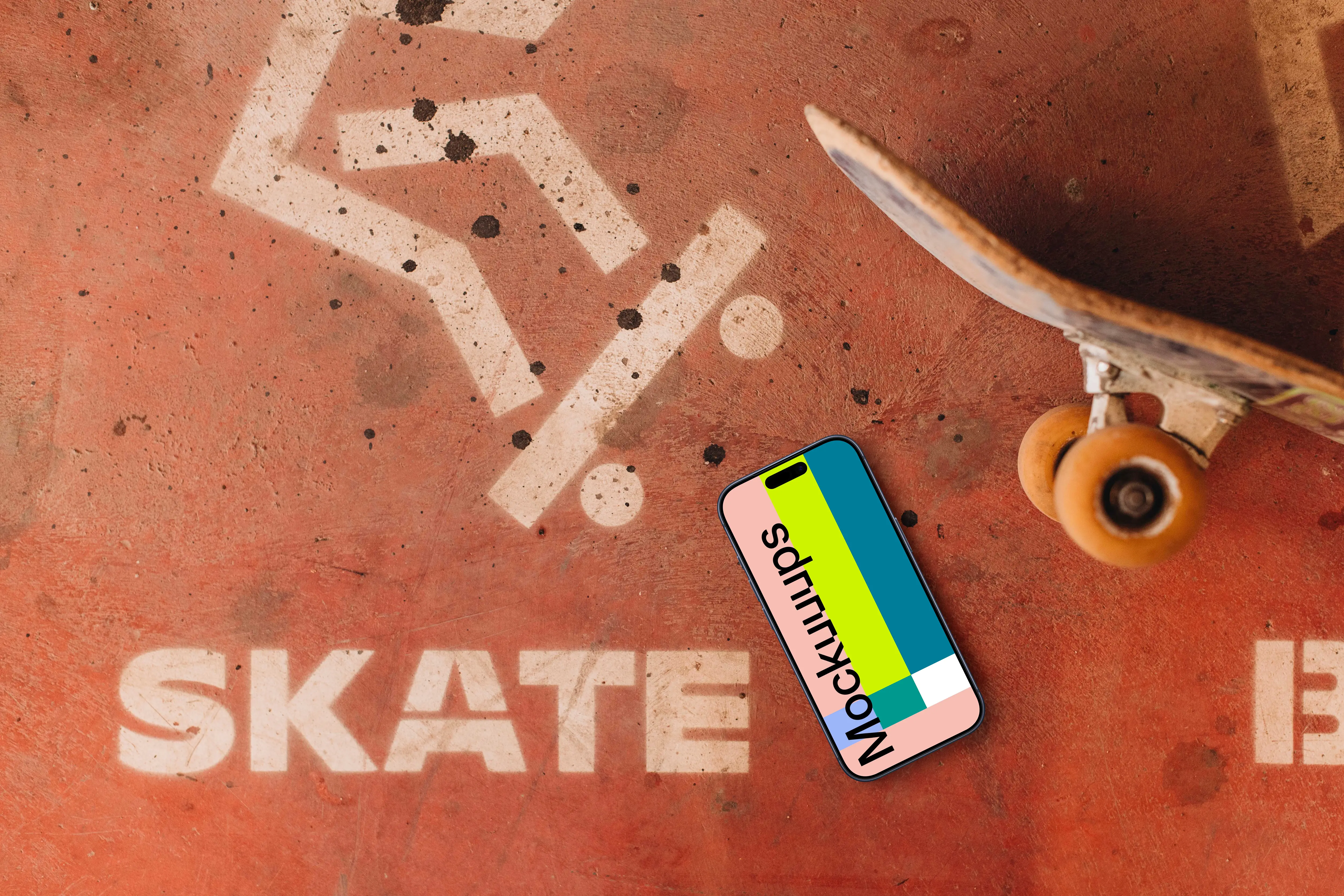 iPhone mockup next to the skateboard