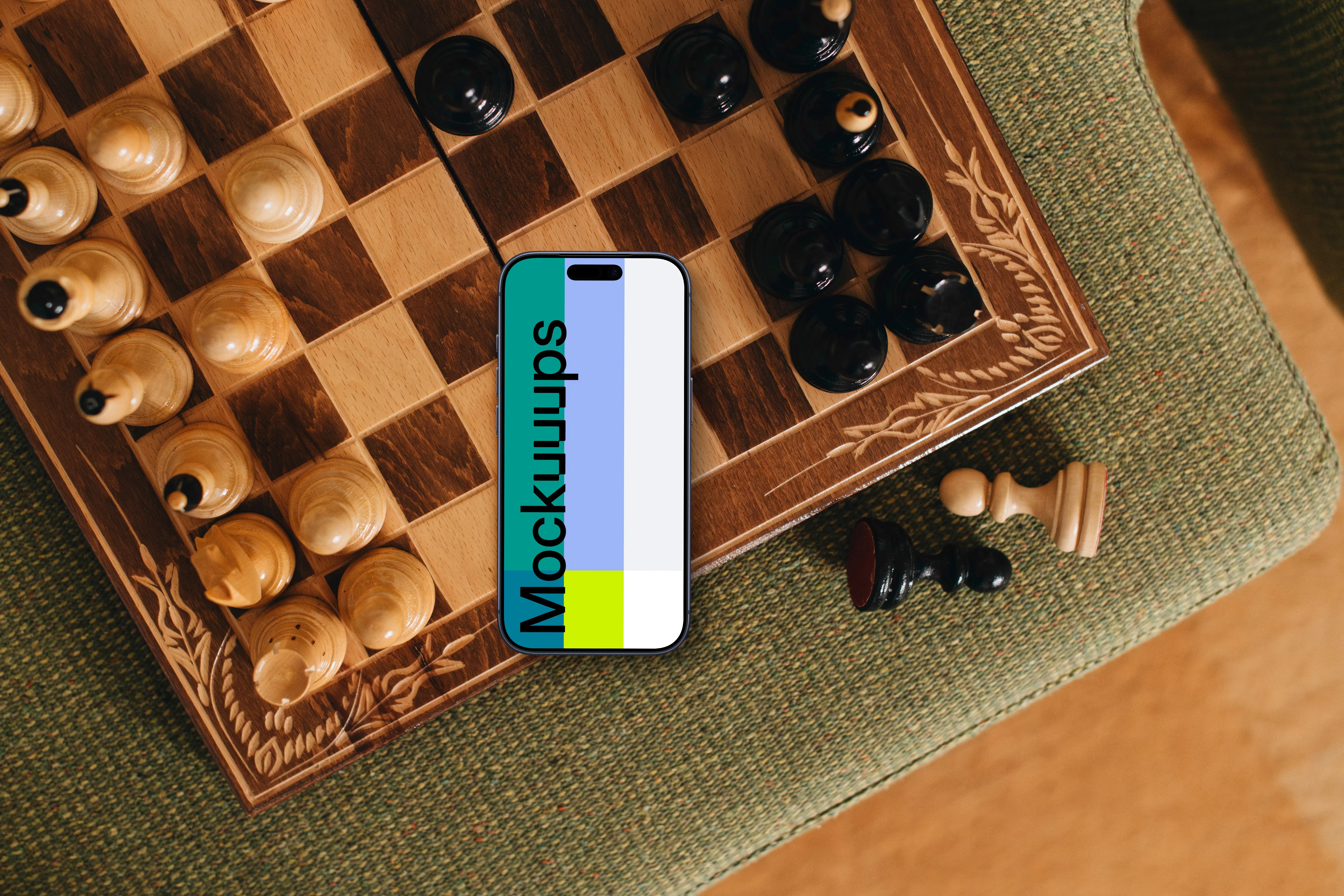 iPhone mockup on laying the chess board