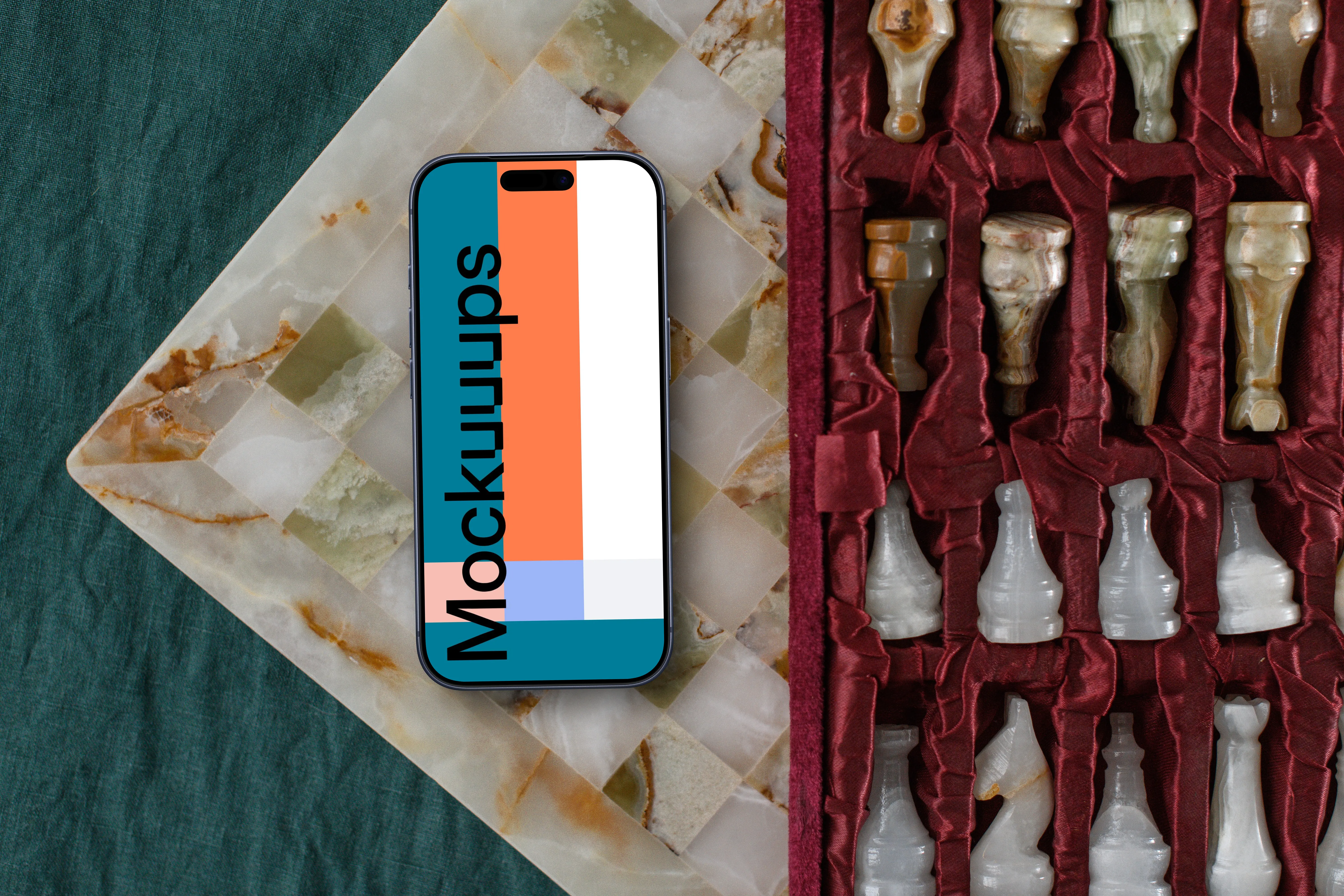 iPhone mockup on the chess board