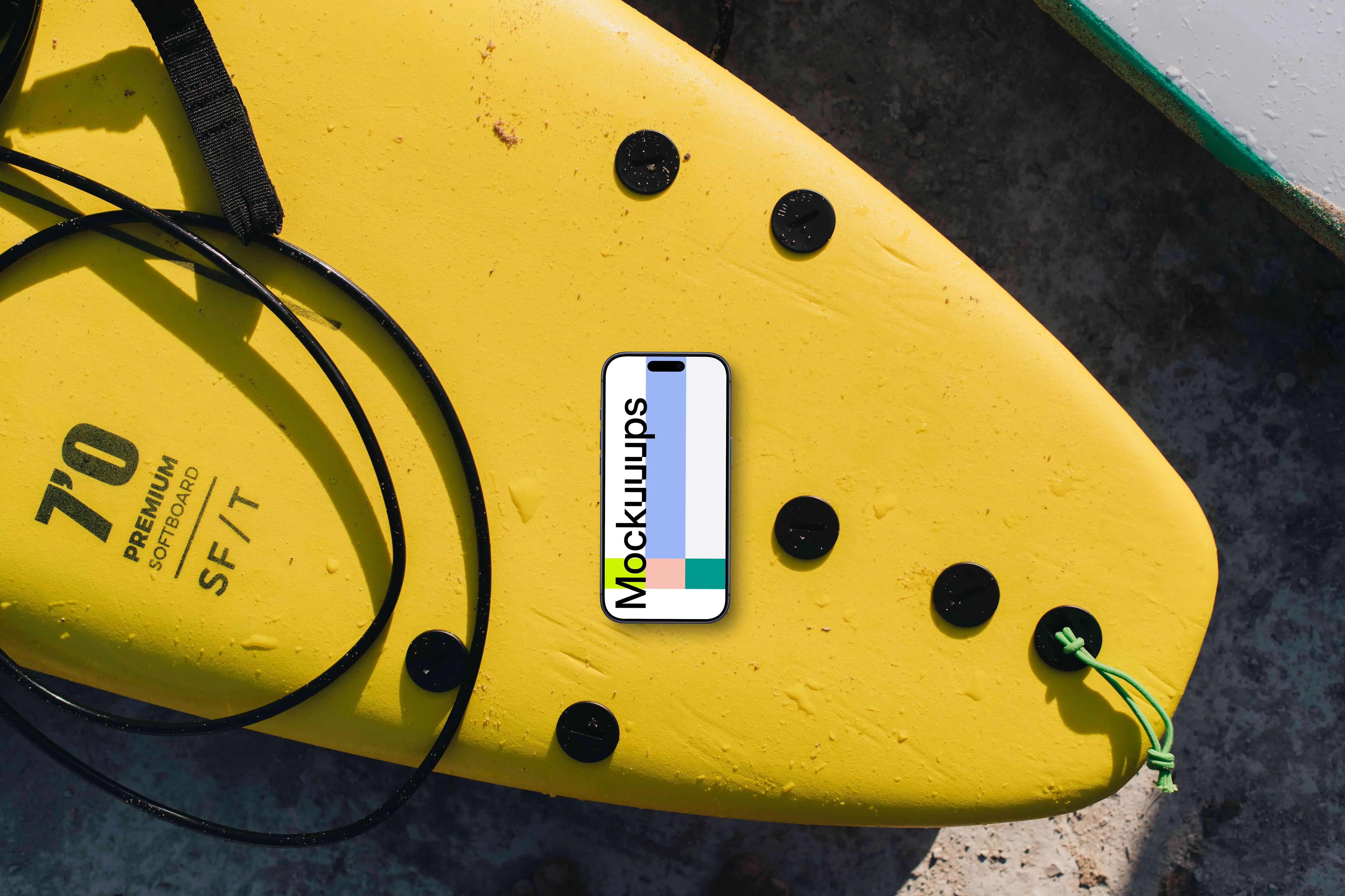 iPhone mockup on the surfboard