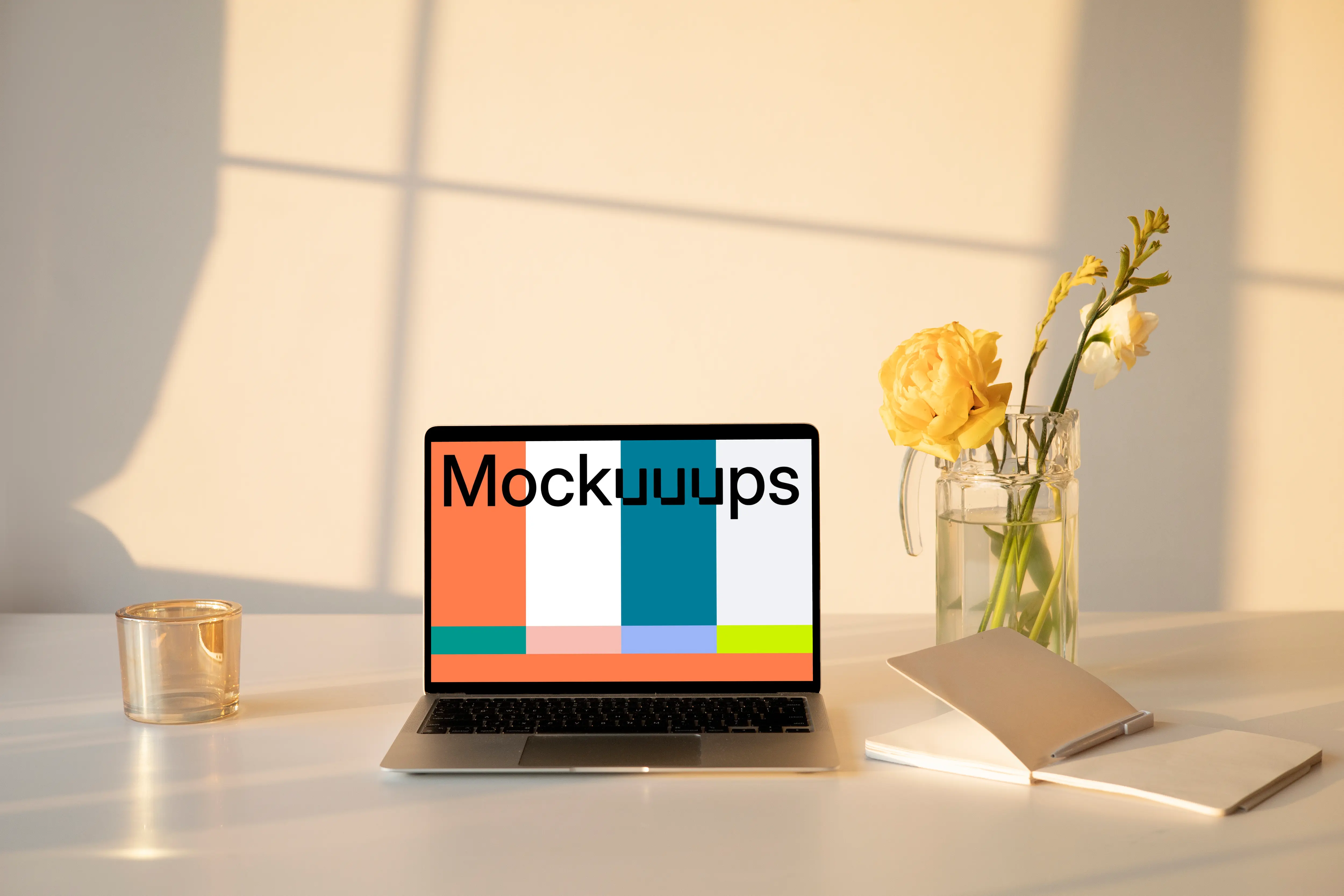 MacBook mockup on a table with a flower vase and an exercise book at the side.
