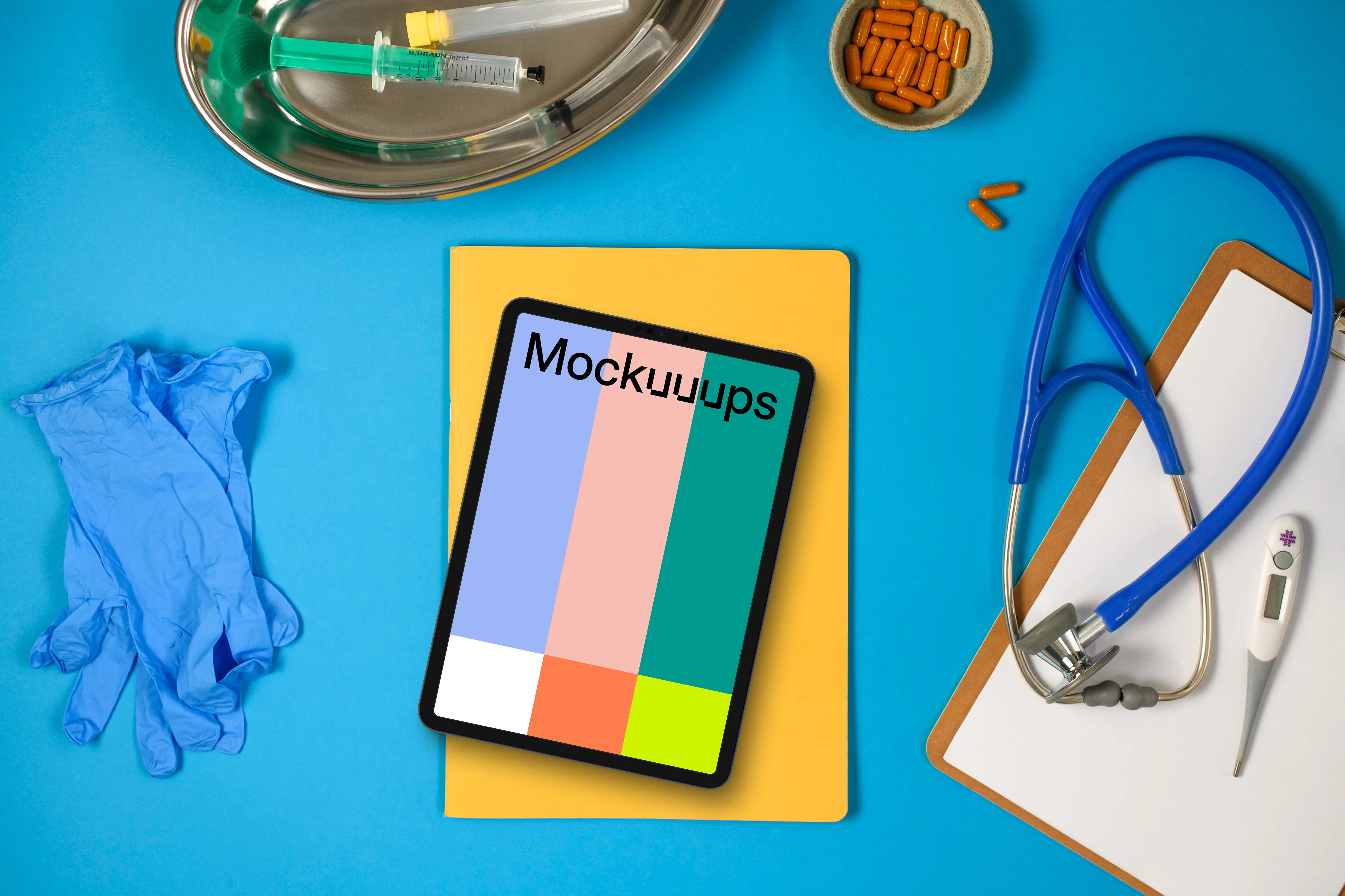 Medical essentials with tablet mockup