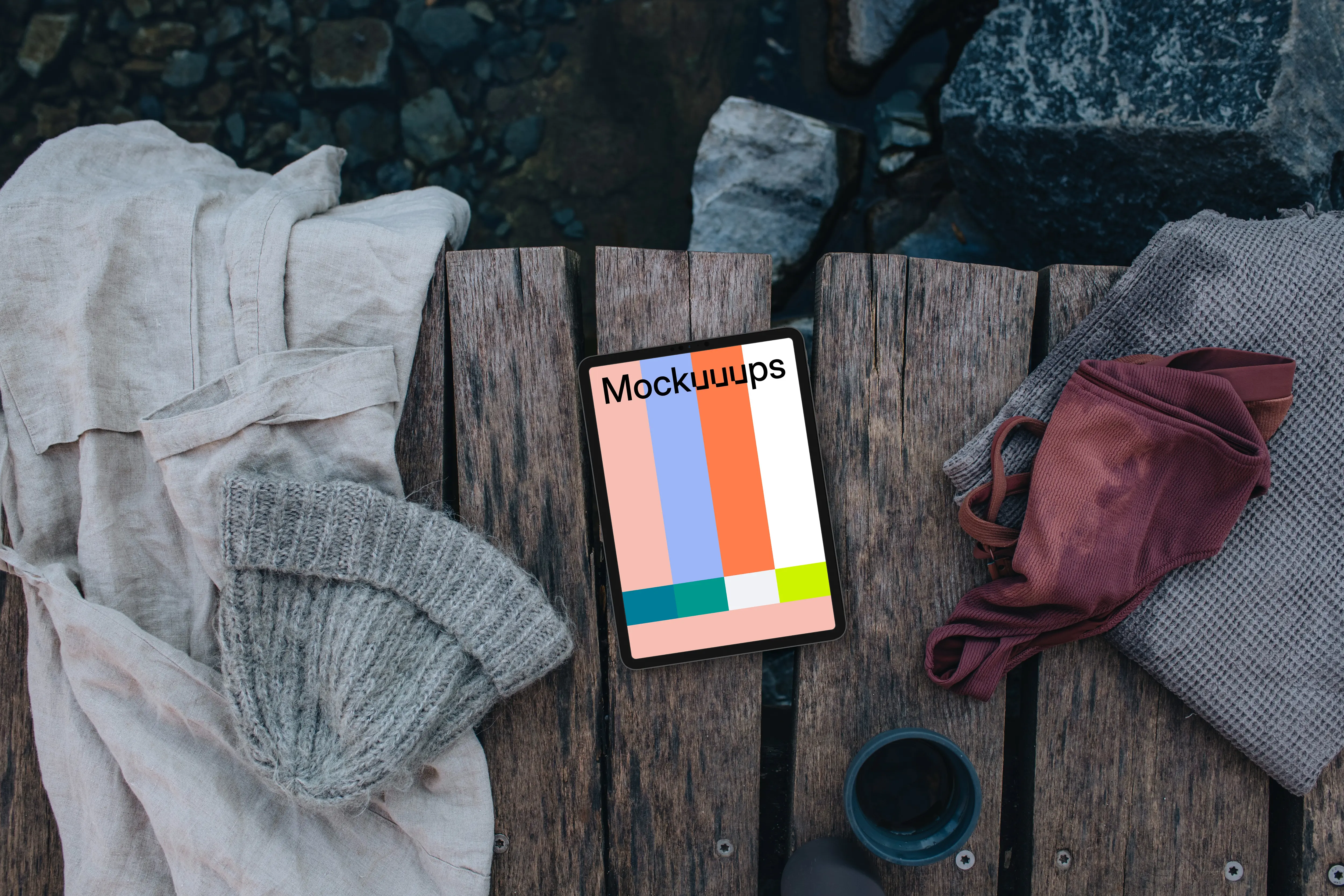 Outdoor aquatic scene with an iPad mockup