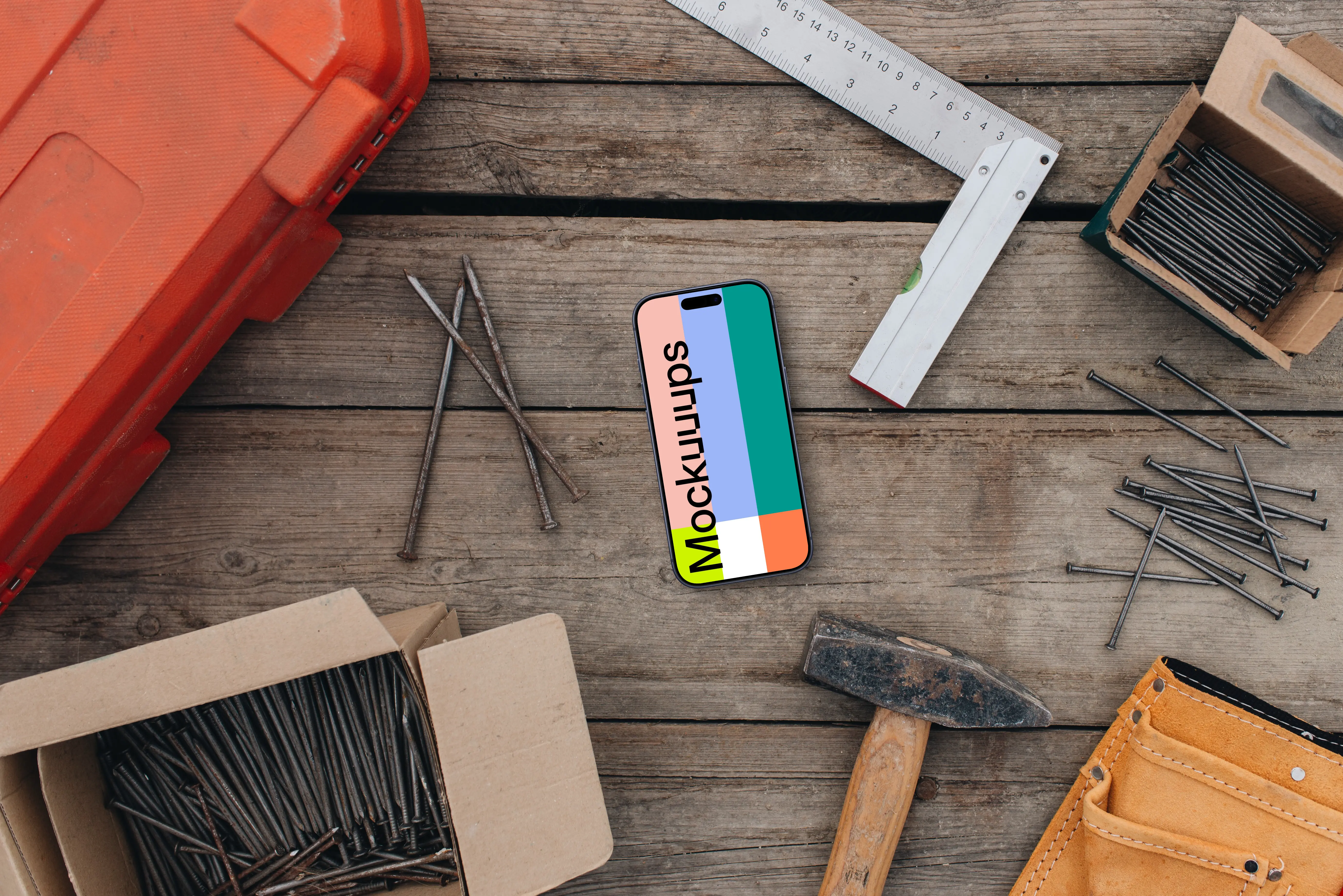 Phone mockup between workshop essentials