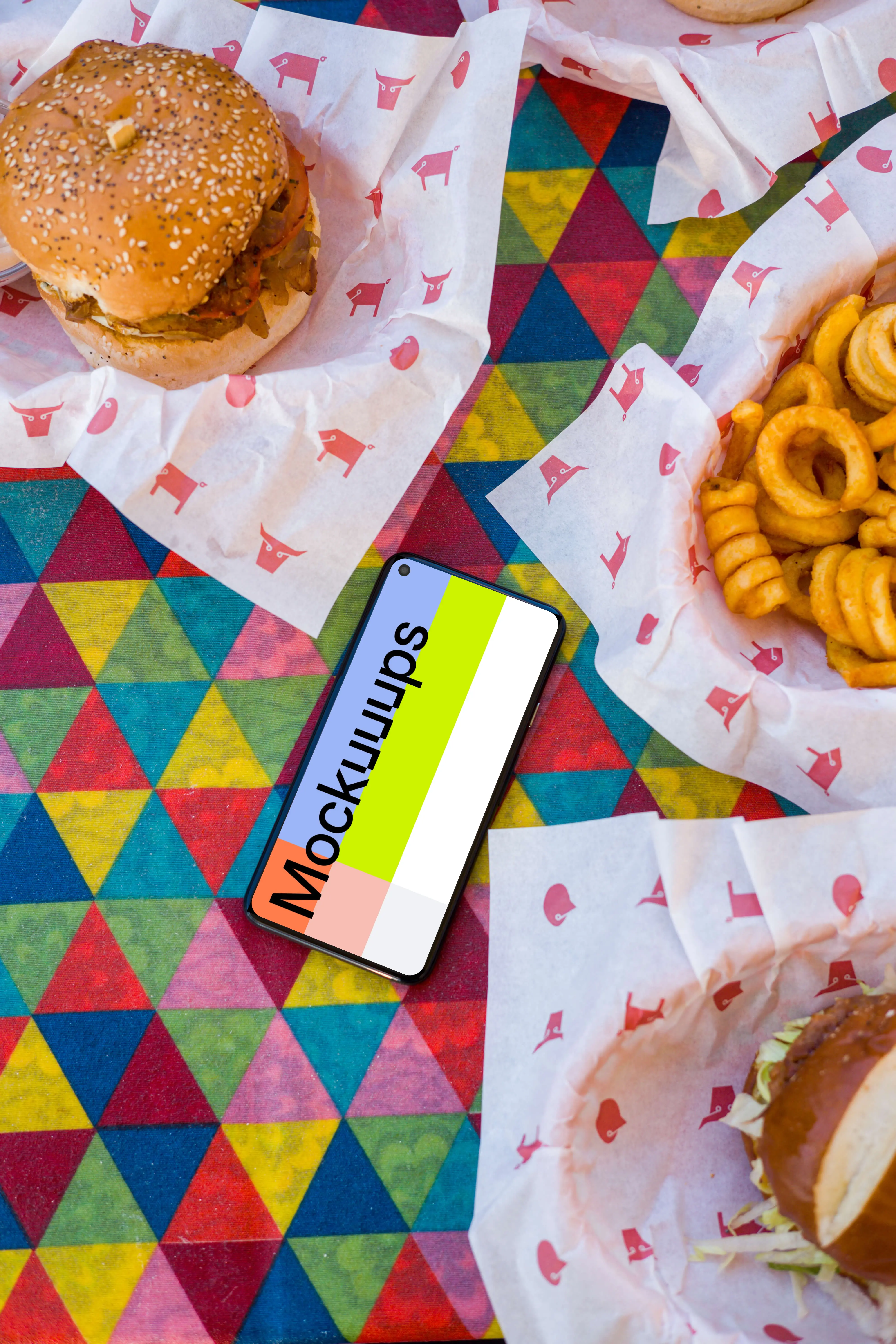 Pixel 5 mockup on a lunch table